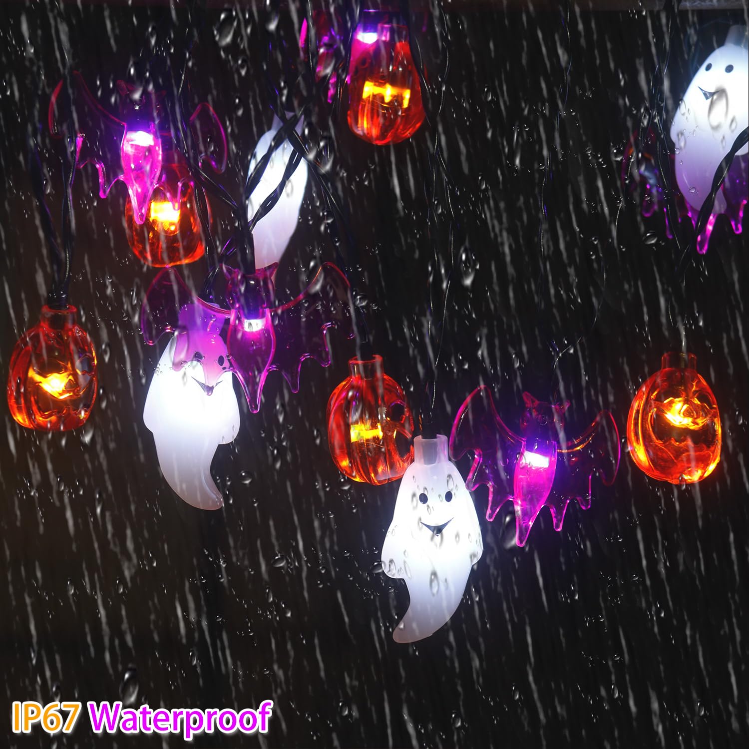 Mankinlu 21 Ft 30 Led 3D Pumpkin Bat Ghost Halloween String Lights, Waterproof Solar Powered, Indoor/Outdoor