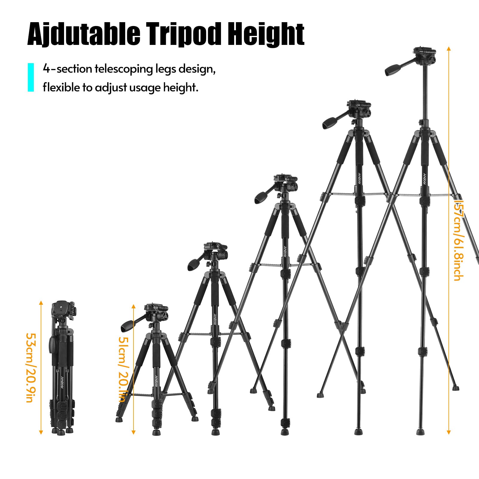 Andoer 157 Cm Tripod, Camera Tripod With 90 Degree Centre Columns, Aluminium Photo Tripod With Monopod, 360 Degree Ball Head, 1/4 Inch Screw Connection, Phone Clamp, Carry Bag, 5 Kg / 11 Lbs Load