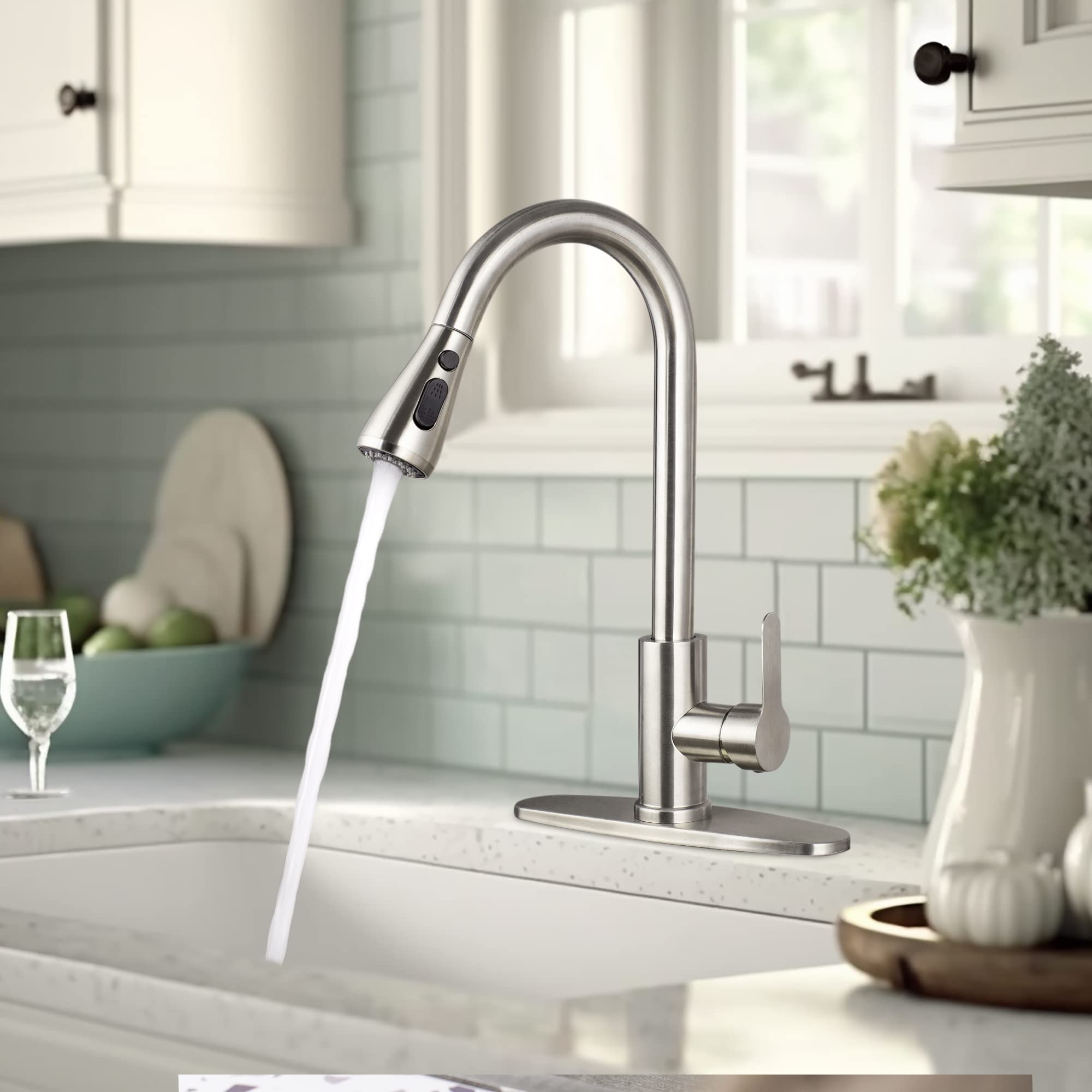 Ruhekⅴ Kitchen Sink Faucet With Pull Down Sprayer,Utility Rv Bar Sinks Deck Plate Home Handle Stainless Steel 360 High Arc Brushed Nickel Out Kitchens Tap Faucets (Silver)