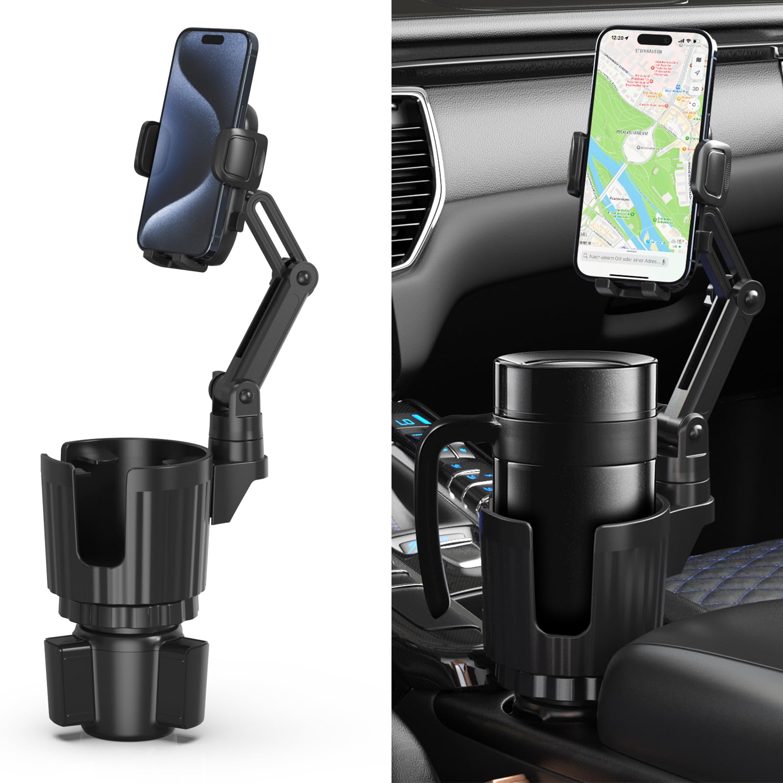 Bokilino Cup Holder Phone Mount, 2 In 1 Universal Cup Holder Expander Adjustable Base With Phone Mount, Long Arm With 360°Rotation Phone Cup Holder For Car Compatible With All Smartphones