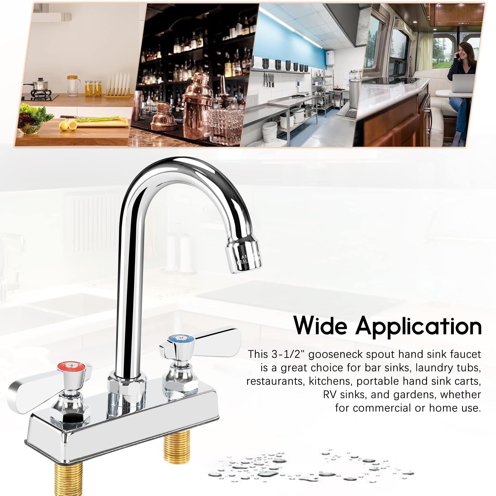 Zkdausdo Commercial Bar Sink Faucet 4 Inch Center Deck Mount, 3-1/2" Gooseneck Swivel Spout Hand Sink Faucet, 2 Hole Brass Constructed & Chrome Polished With Dual Lever Handles