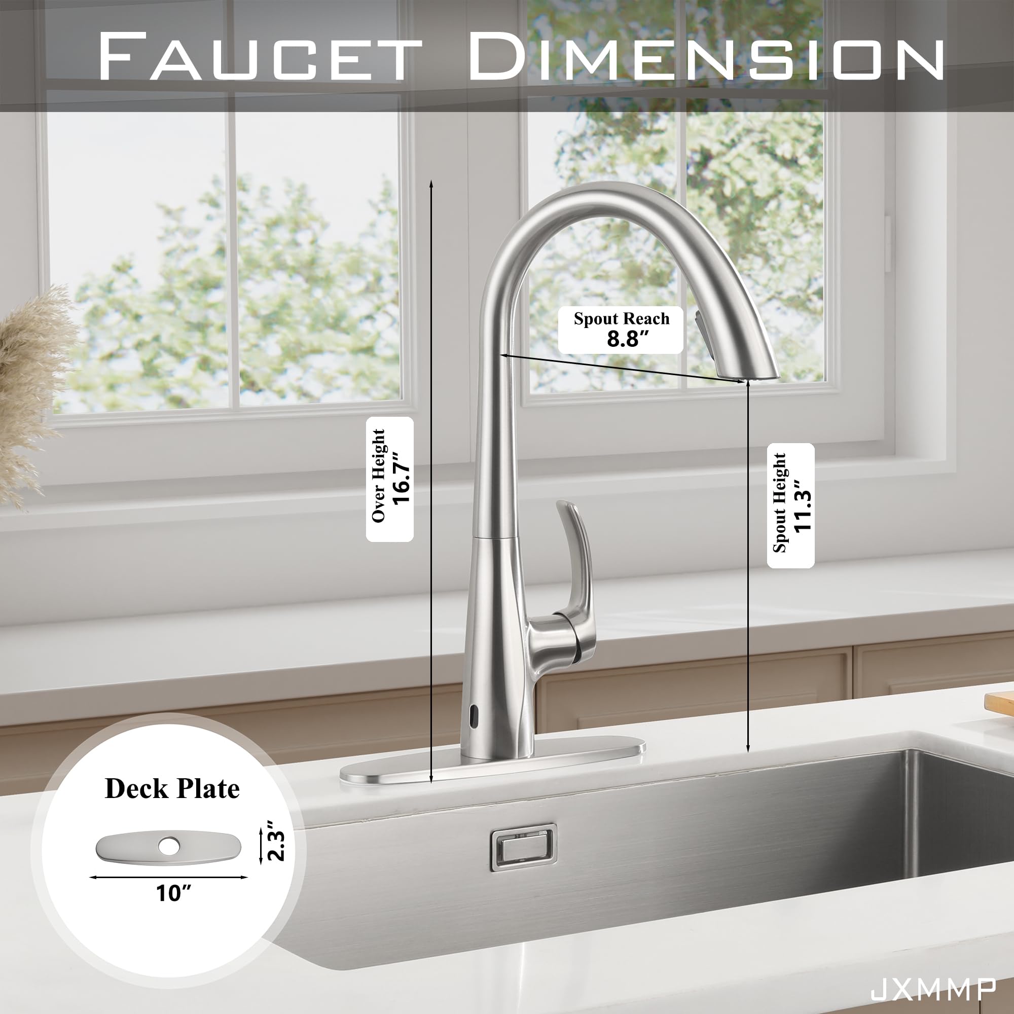 Jxmmp Touchless Pull Down Kitchen Sink Faucet, Brushed Nickel Activated Smart Motion Sensor Kitchen Faucet Single Handle, Stainless Steel Hands Faucet With Sprayer For Kitchen Sink