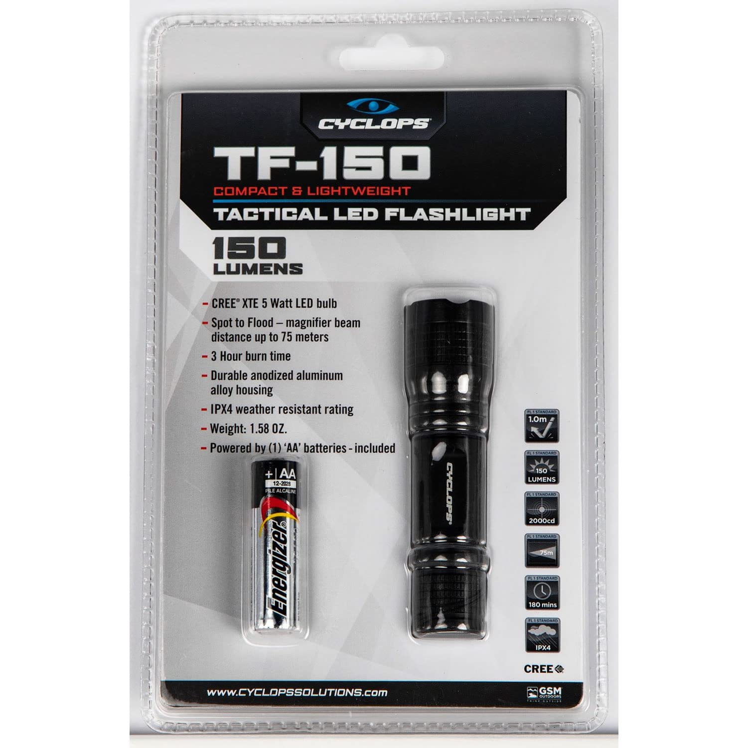 Cyclops Tf-150 Tactical Durable Lightweight Weather Resistant Ipx4 Compact Bright 5 Watt Led Flashlight Aa Energizer Battery Included