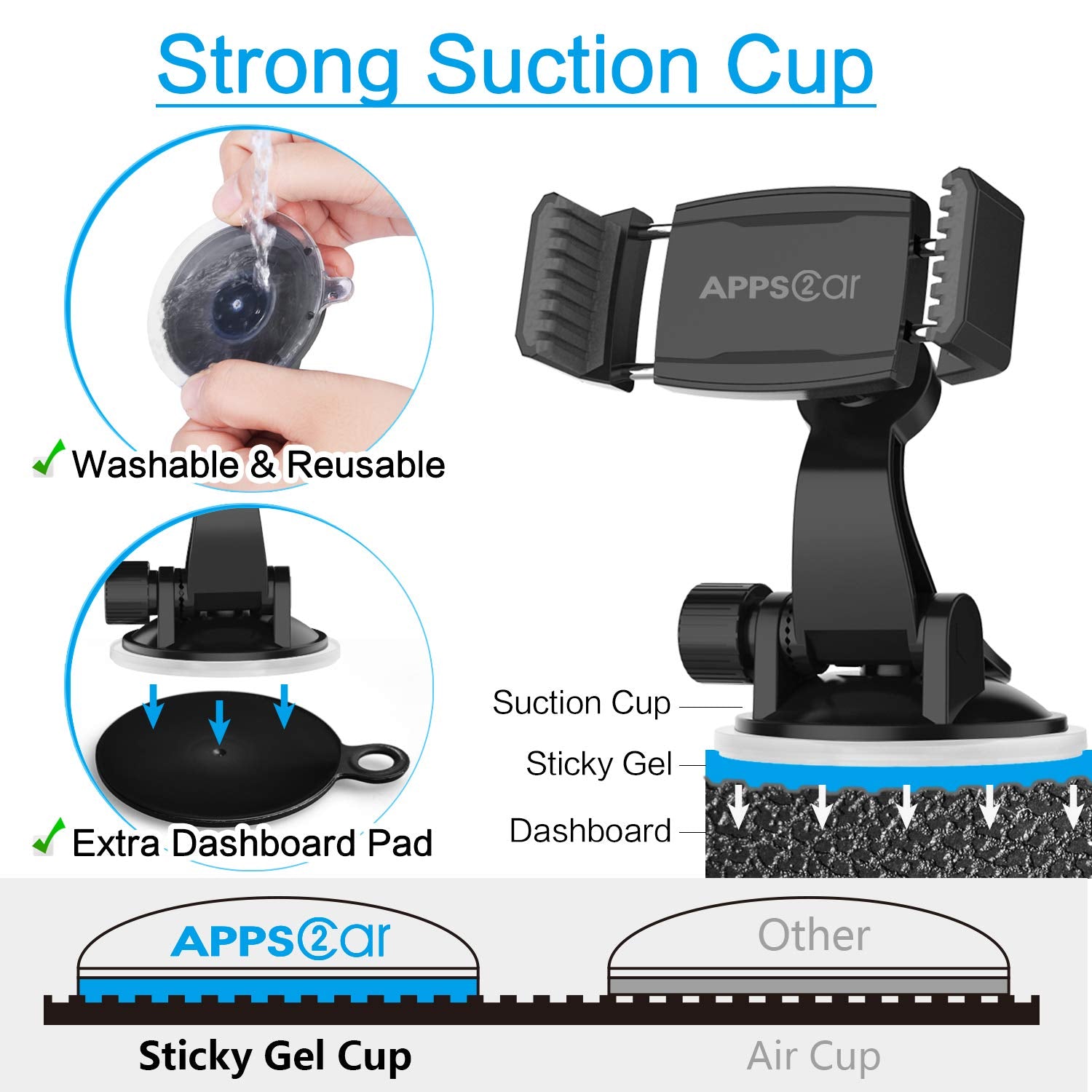 Apps2Car Suction Cup Phone Holder For Car With Adjustable Arm, Low Profile Dashboard Phone Mount Compact Windshield Window Dash Mobile Stand Compatible W/All Iphone And Android Cell Phones