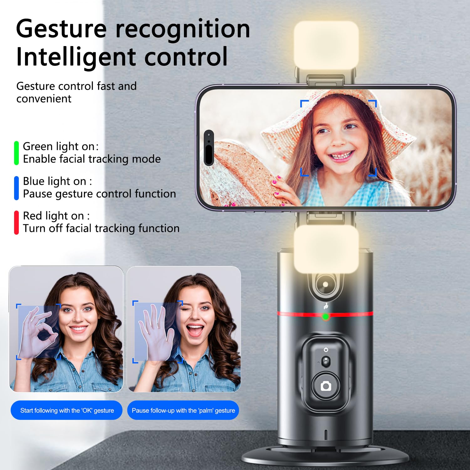 Afarer Auto Face Tracking Phone Mount With Fill Light, 360° Rotating Smart Tracking Tripod For Tiktok Live Streaming & Vlog, Smart Shooting Camera Mount For Iphone,No App Required.