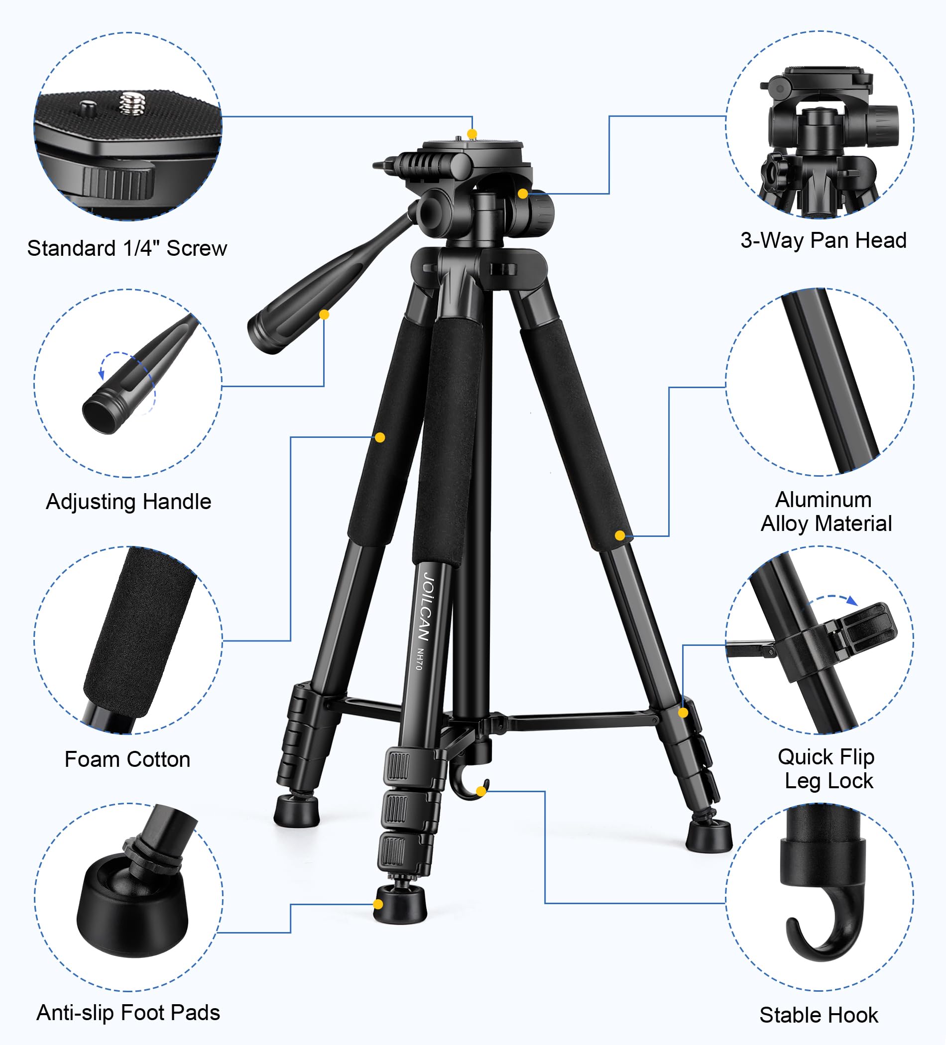 Joilcan Tripod For Camera, 67" Heavy Duty Camera Tripod, Phone Tripods For Video Recording Photo Vlog, Aluminum Tripods With Holder & Travel Bag For Cameras Dslr Iphone Projector Laser