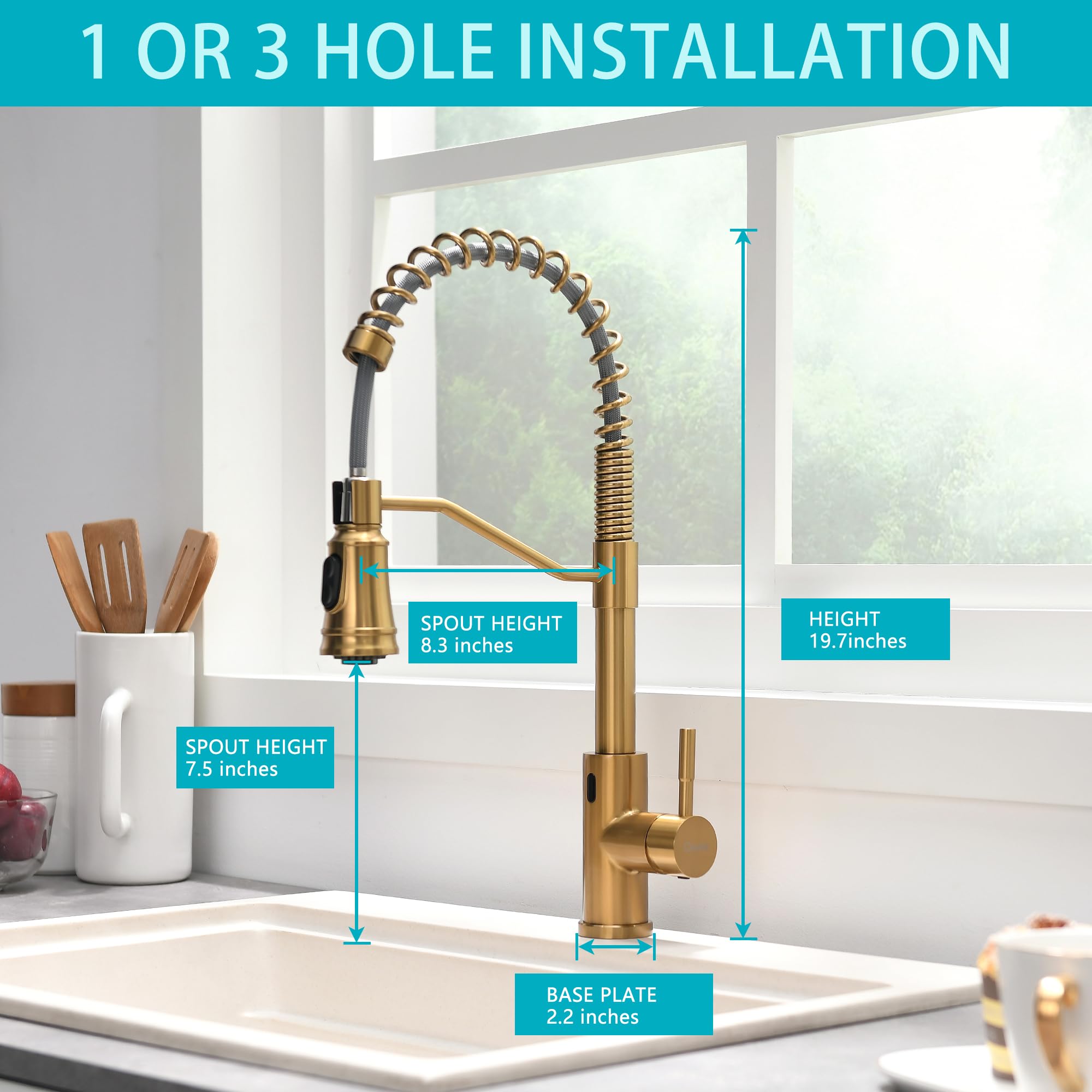 Gimili Gold Touchless Kitchen Faucet With Pull Down Sprayer, Brushed Brass Motion Sensor Smart Hands- Activated Single Hole Spring Faucet For Kitchen Sink