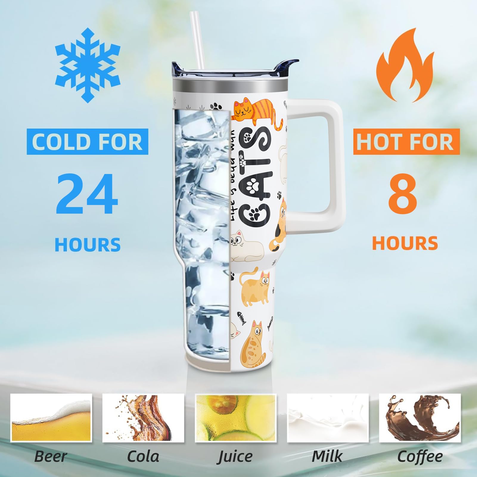 Funny Cat 40Oz Tumbler With Lid And Straw,Life Is Better With Cats Insulated Cup