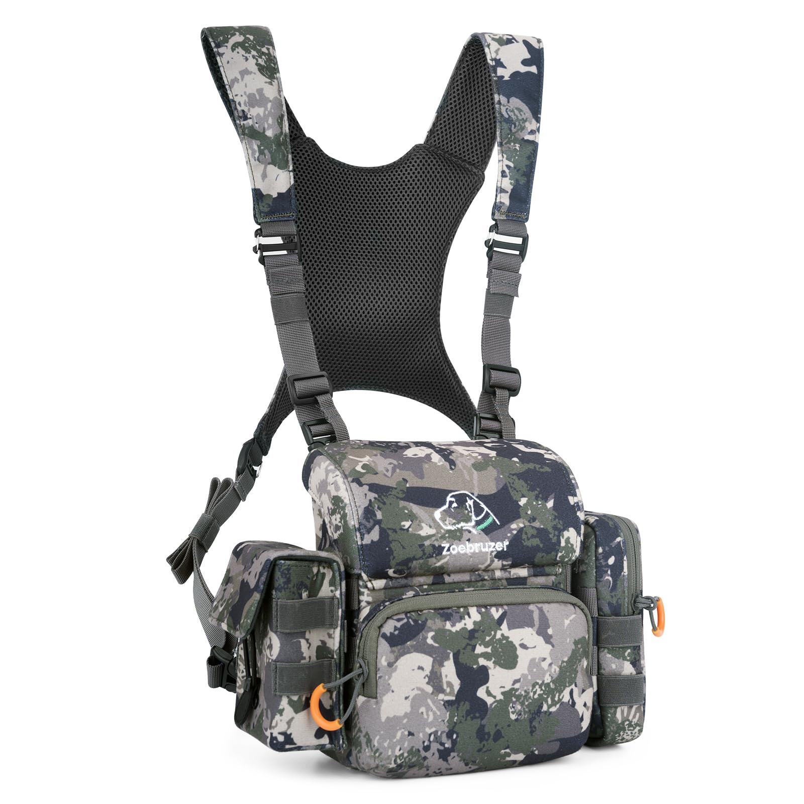 Zoebruzer Binocular Harness Chest Pack, Bino Harness Bag With Rangefinder Pouch & Rain Cover, Molle System Multifunction Hunting Pack