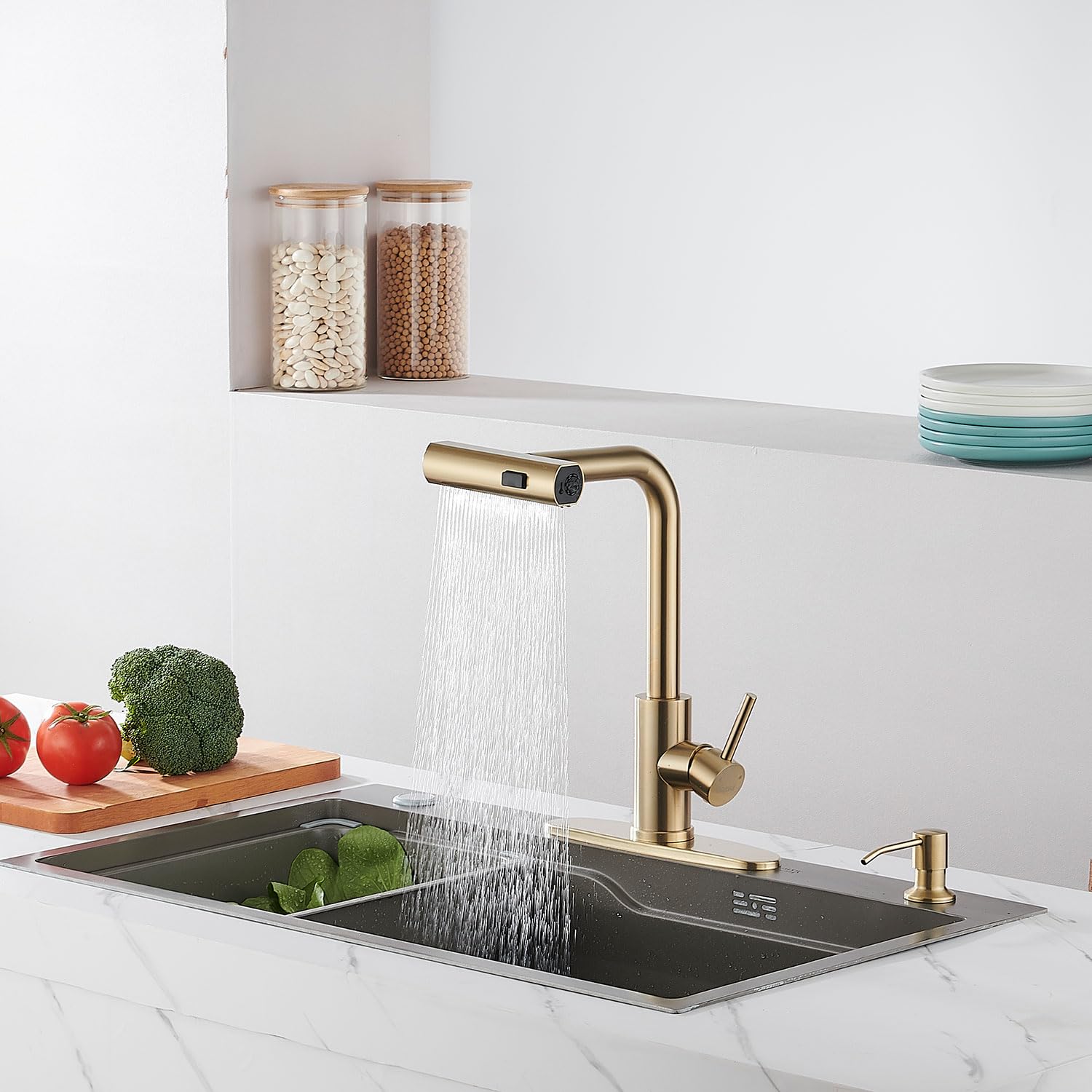 Zoriou Kitchen Faucets With Pull Down Sprayer, Brushed Gold Waterfall Kitchen Sink Faucet With Soap Dispenser, Single Hole Stainless Steel Kitchen Faucet, Modern Single Handle Pull Out Kitchen Faucet