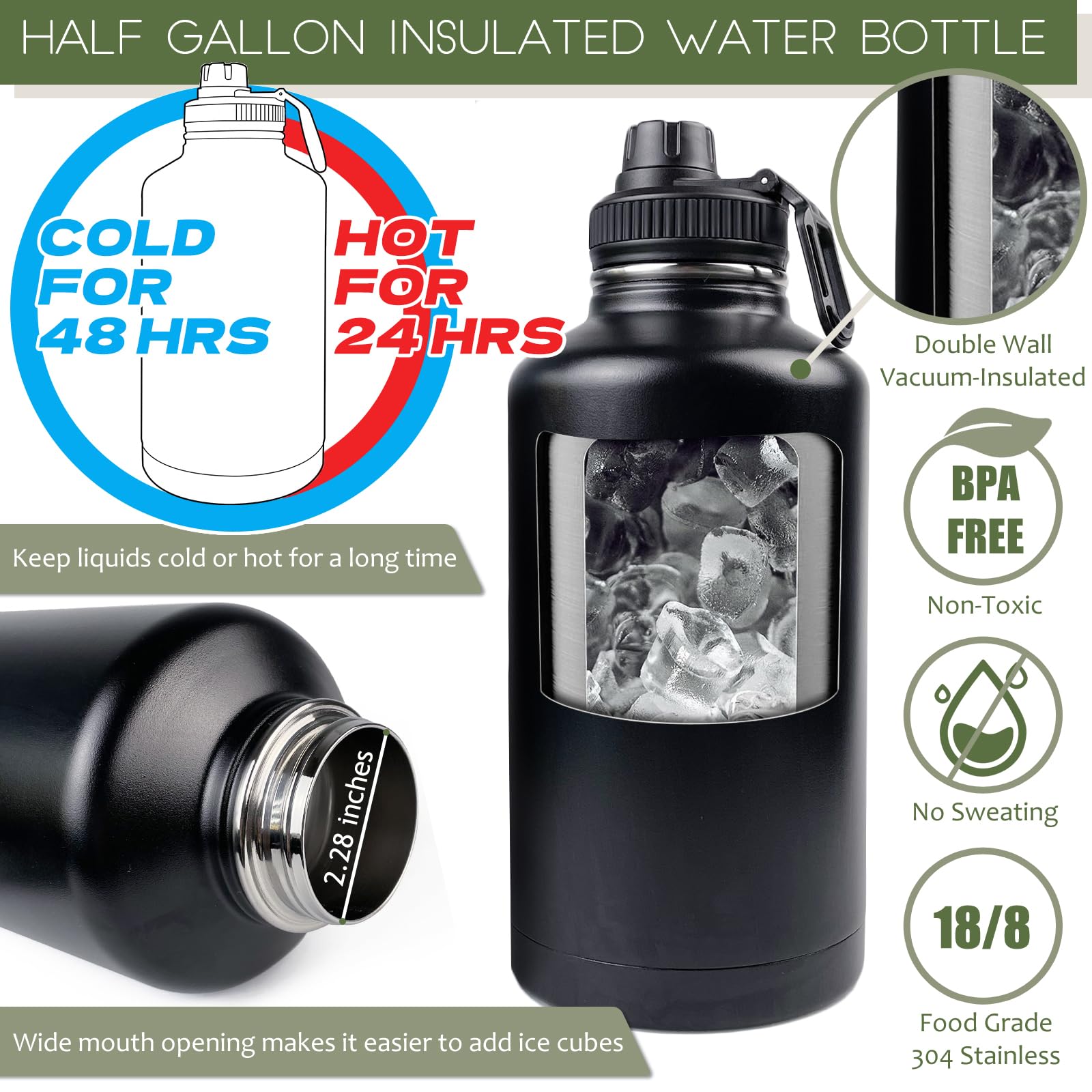 64 Oz Water Bottle With Sleeve - Half Gallon Big Insulated Water Jug With Strap Stainless Steel