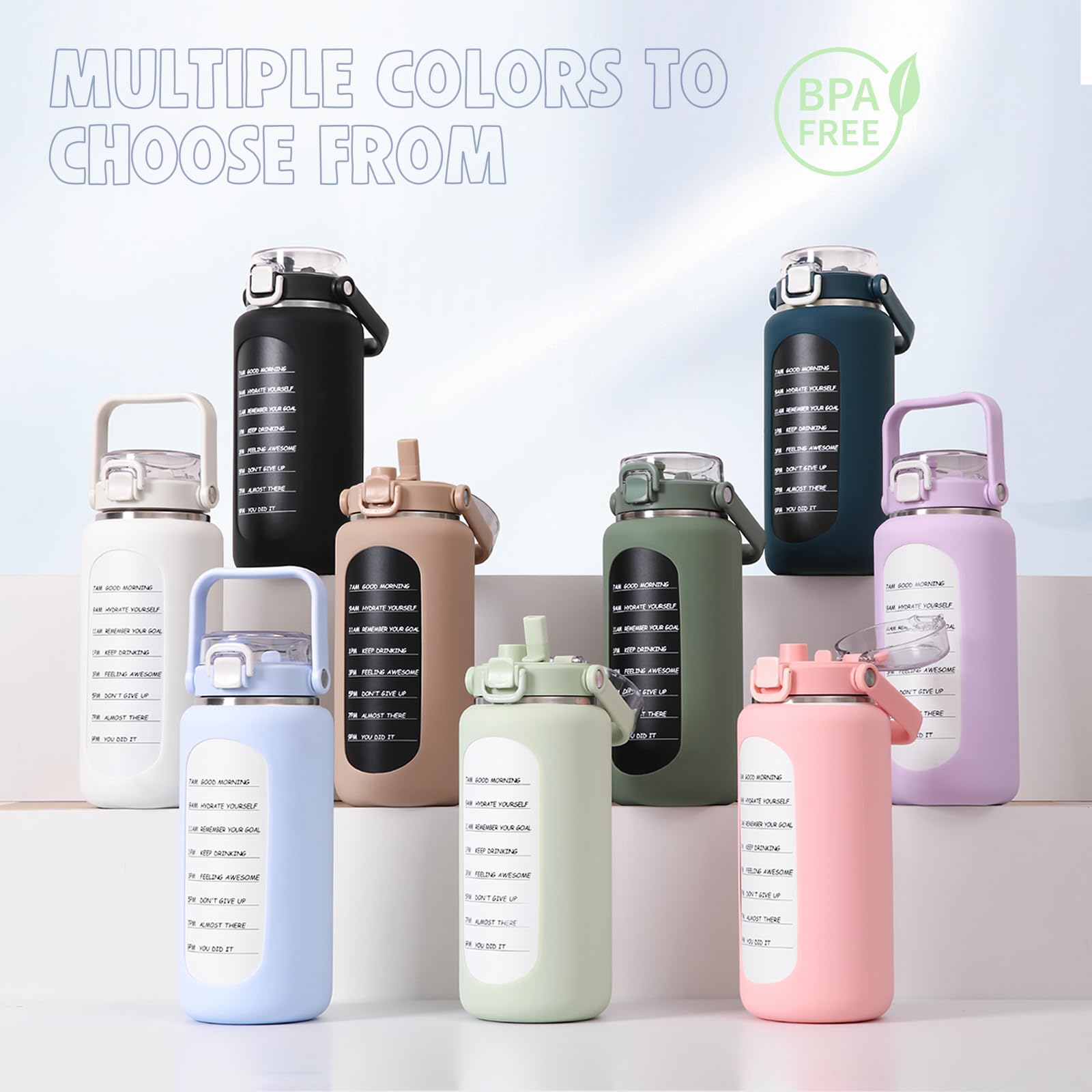 Bluego 64Oz Insulated Water Bottle With Straw And Handle Leakproof Half Gallon Wide Mouth