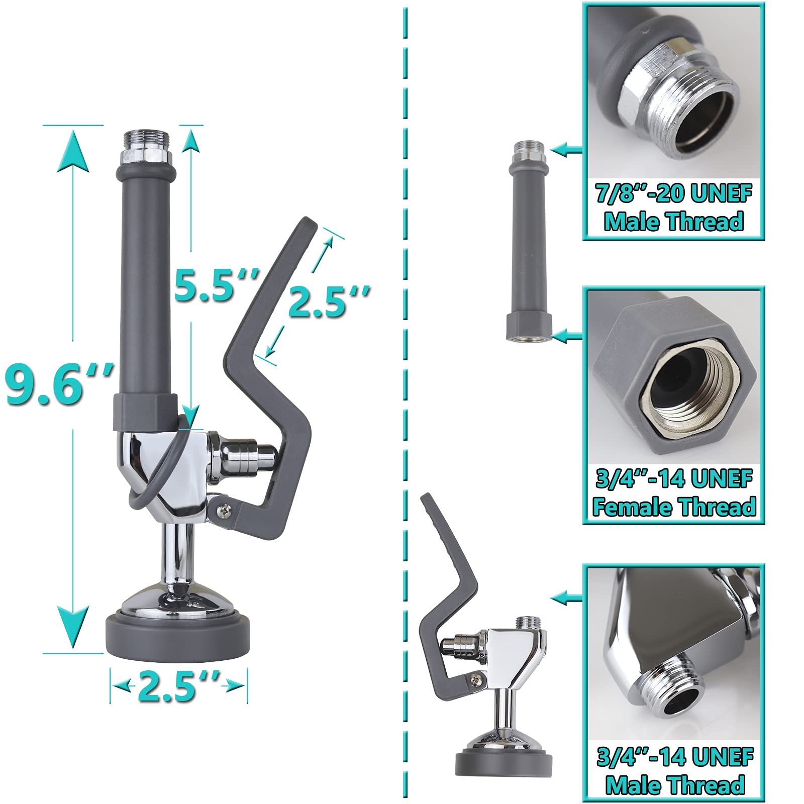 Yoogyy Commercial Sink Sprayer Replacement, Commercial Sink Pre Rinse Faucet Spray With Handle Grip Assembly,1.28 Gpm High Pressured Dish Sprayer For Replacement Kit,Grey