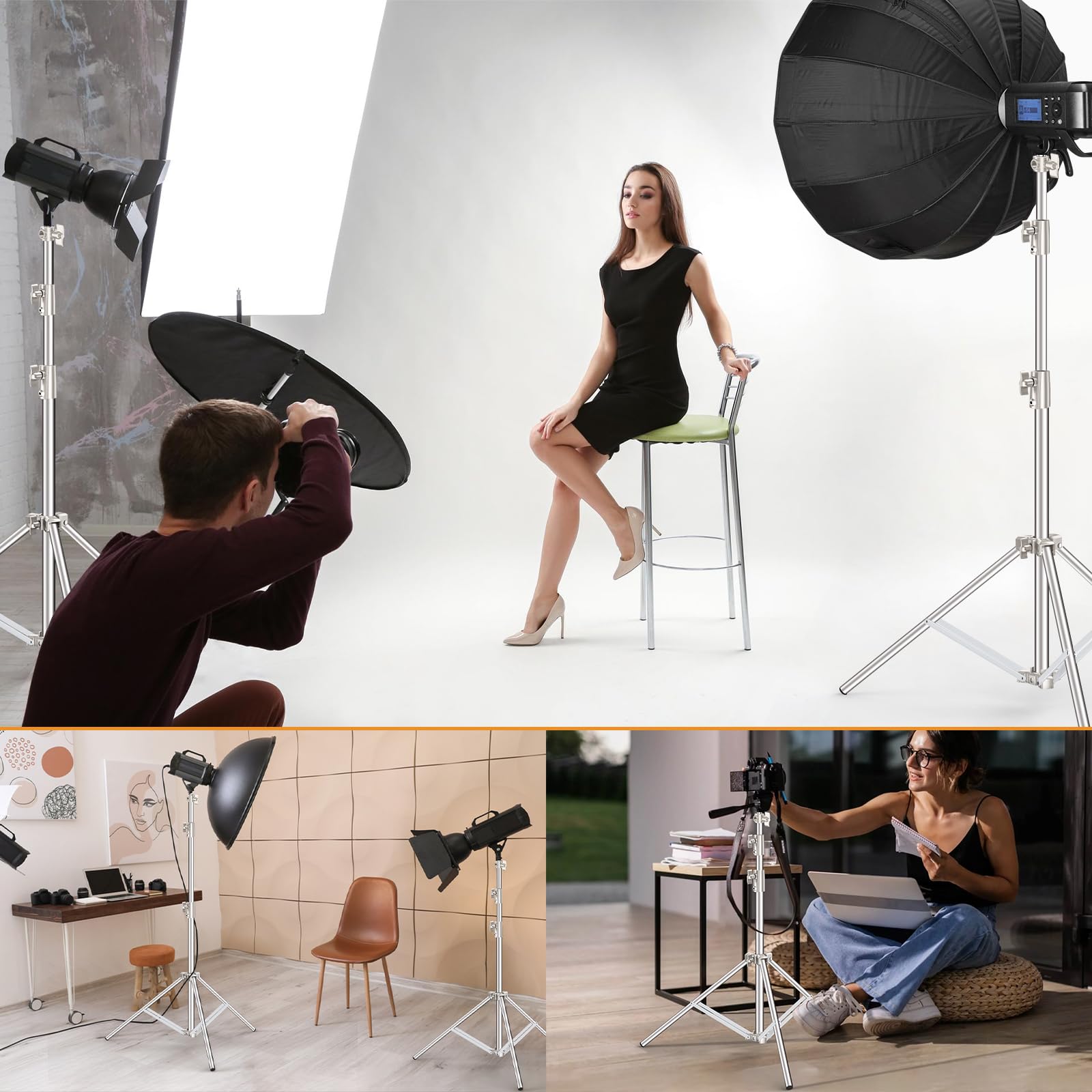 Anautin 9.2 Ft Stainless Steel Light Stand Photography, 2 Pack Heavy Duty Photography Tripod Stand With 1/4” To 3/8” Screw Adapter For Strobe,Led Video Light,Ring Light, Monolight, Softbox