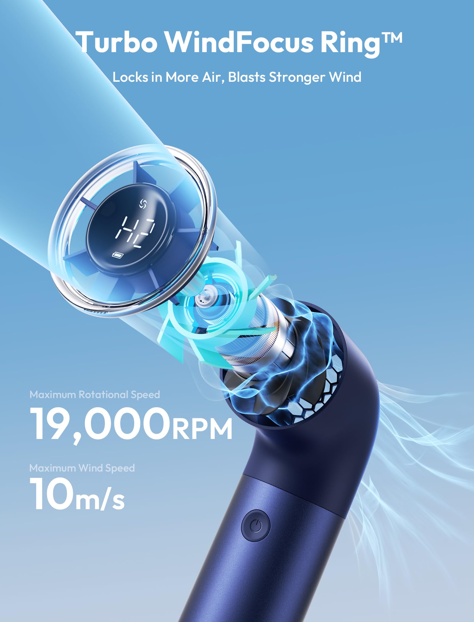 Aecooly turbo mini fan with 19000 RPM motor and 14 hours of cooling power, perfect for hot days