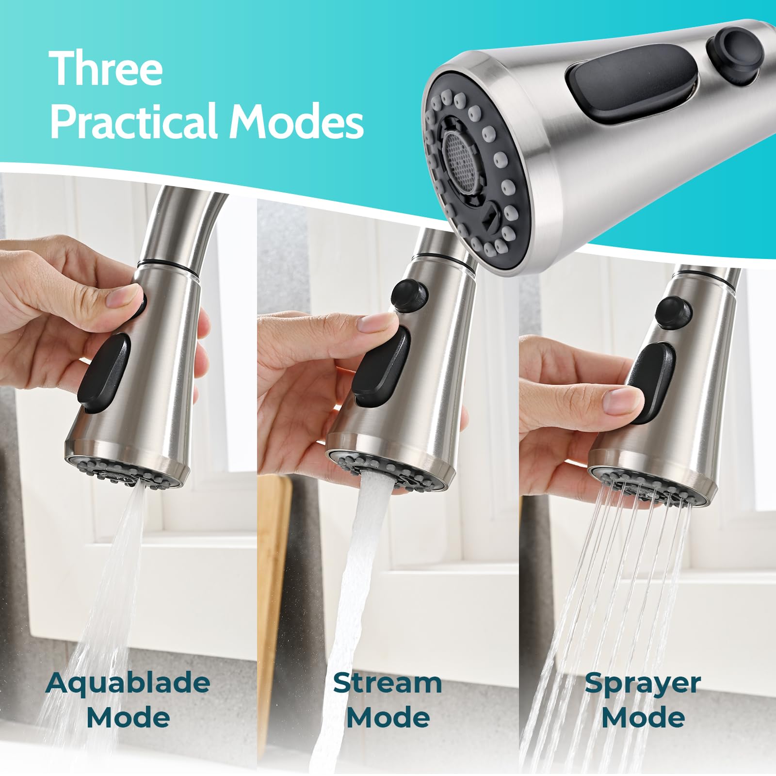Kicimpro Antirust Pull Down Kitchen Faucet Head Replacement Parts, 3 Functions Kitchen Faucet Sprayer Head Replacement For Moen, Delta, Kohler, Brushed Nickel Kitchen Sink Faucet Head With 9 Adapters