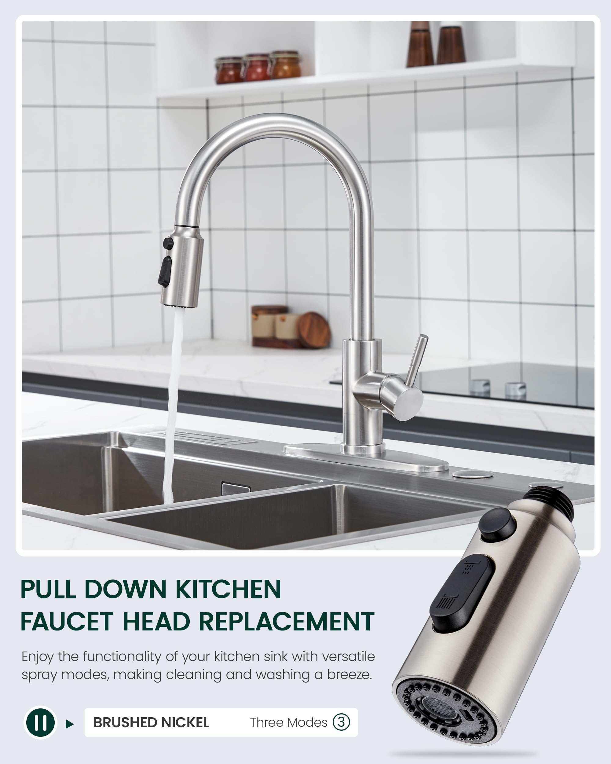 Heisok Kitchen Faucet Spray Head Replacement, Pull Down Faucet Head Replacement With 15 Adapters, 3 Function Spray Nozzle For Kitchen Faucet, Replacement Pull Out Faucet Head, Brushed Nickel