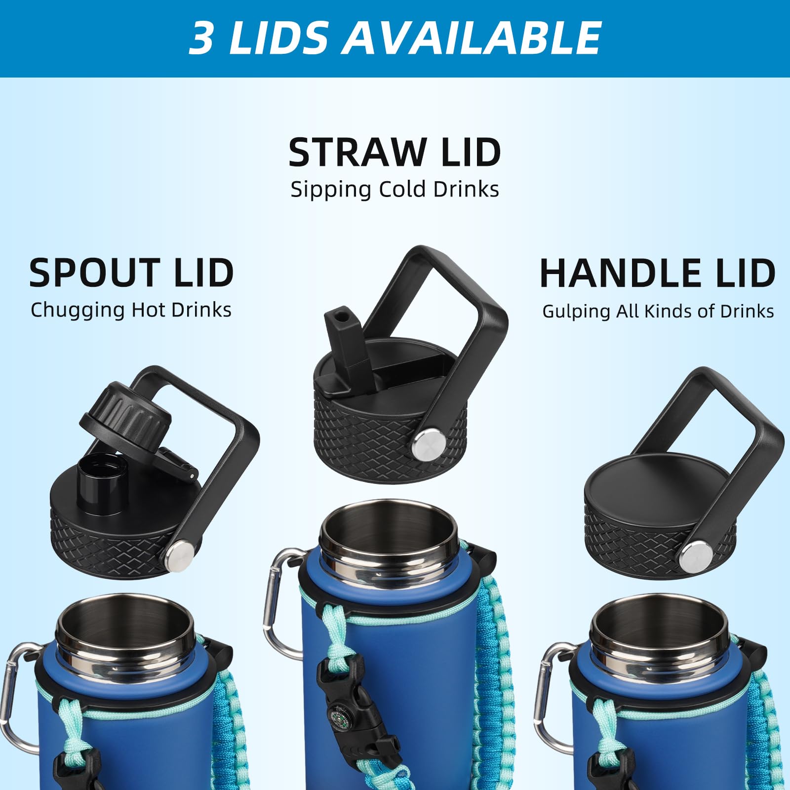Bjpkpk 32Oz Insulated Water Bottles With 3 Lids, Paracord Handle & Non-Slip Boot, Stainless Steel