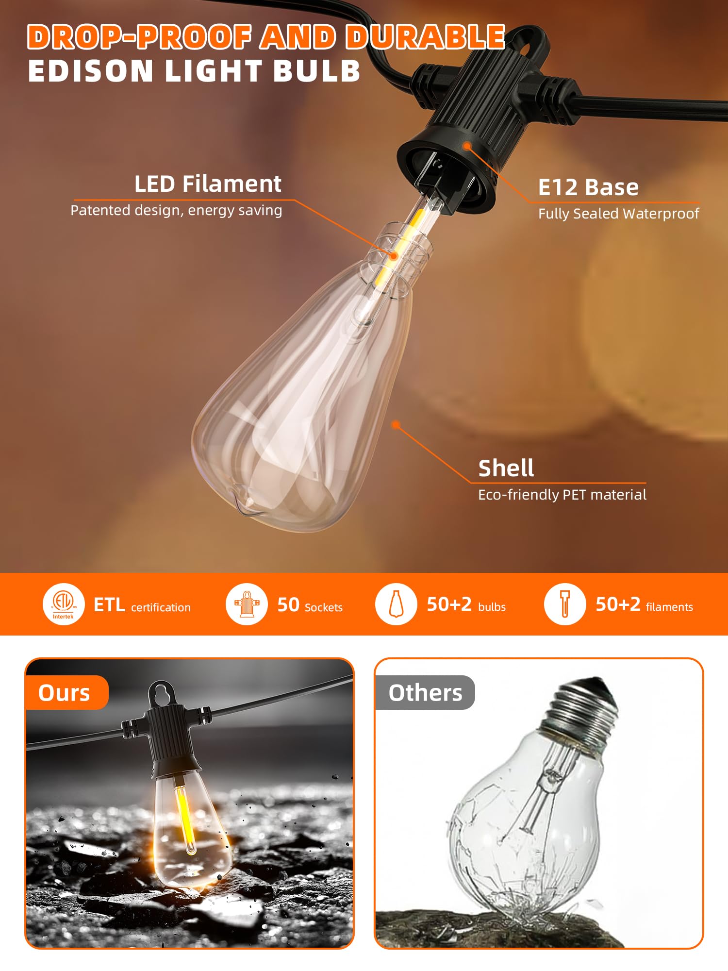 Kawaya Solar-Powered Outdoor String Lights: 100 Ft Led Outside Patio Lights With Usb-Charging - Ip65 Waterproof Hanging Lights - 50+2 Shatterproof Edison Bulbs For Bistro Cafe Camp Yard Porch Balcony