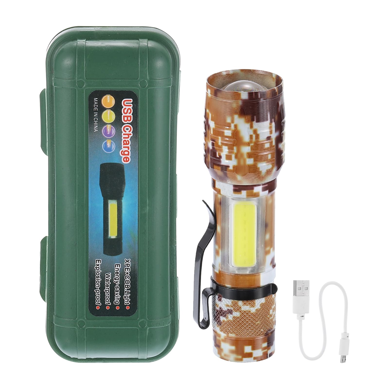 Patikil Scalable Led Flashlight, 3 Mode High Lumens Led Flashlight Aluminum White Light Torch Usb Rechargeable For Hiking Camping, Camouflage Brown