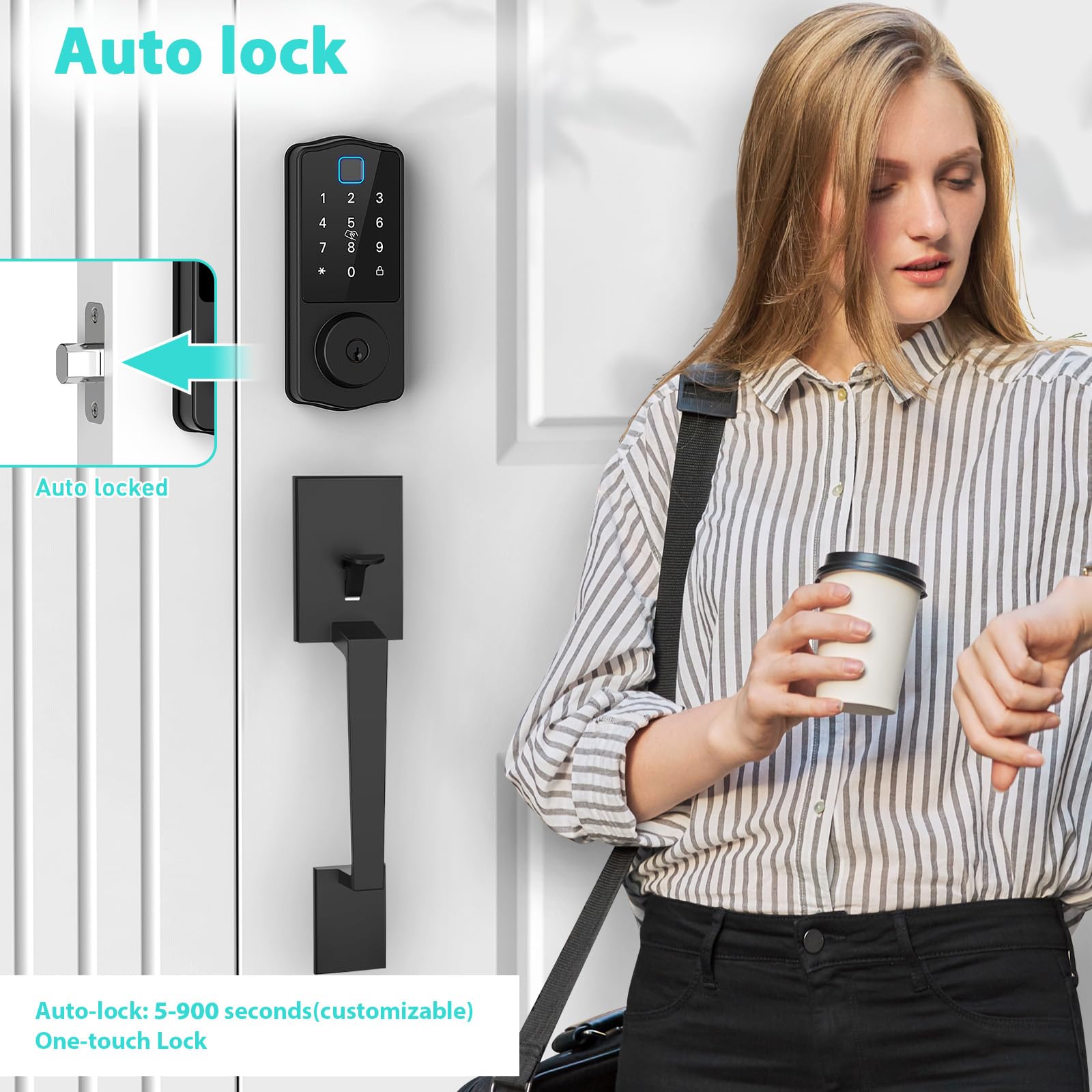 Cinop Wifi Front Door Lock, Keyless Entry Door Lock Deadbolt With Handle Set, Smart Locks For Front Door, Keypad Deadbolt Lock With Handle, Bluetooth Enabled With Alexa Voice Control, Black