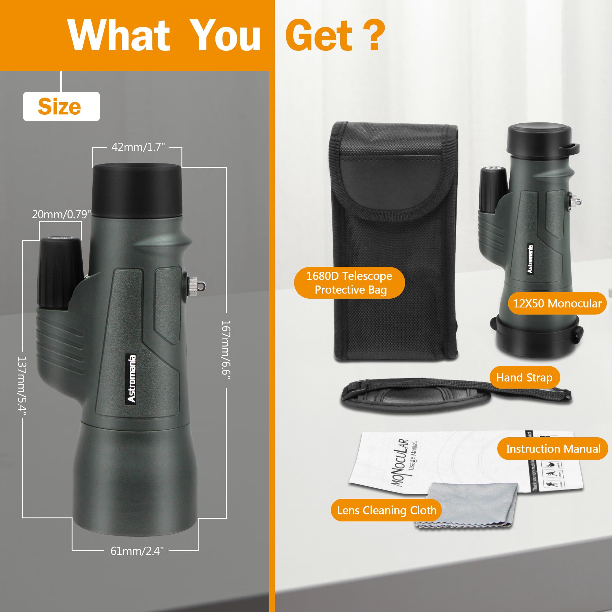 Astromania 12X50 Bak4 High Power Prism Monoculars, Waterproof, Compact Handheld Monoscope For Bird Watching, Sporting Events, Traveling For Men