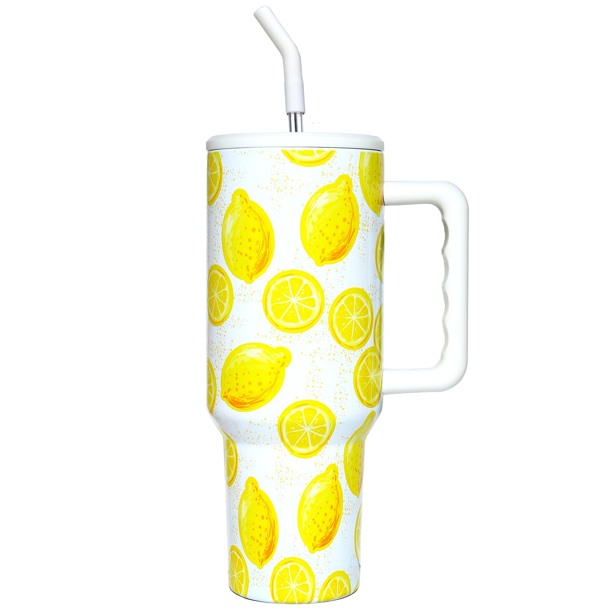 Lemon Tumbler With Straw And Lid Vacuum Insulated 40Oz Stainless Steel Cup For Women Birthday