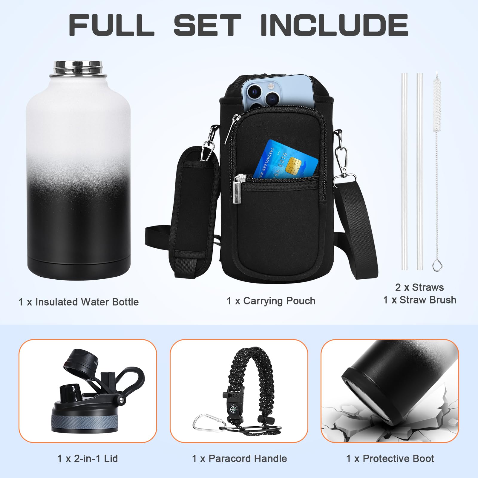 Insulated Water Bottle 64 Oz, Half Gallon Water Jug Cold 48H, Stainless Steel Bottles