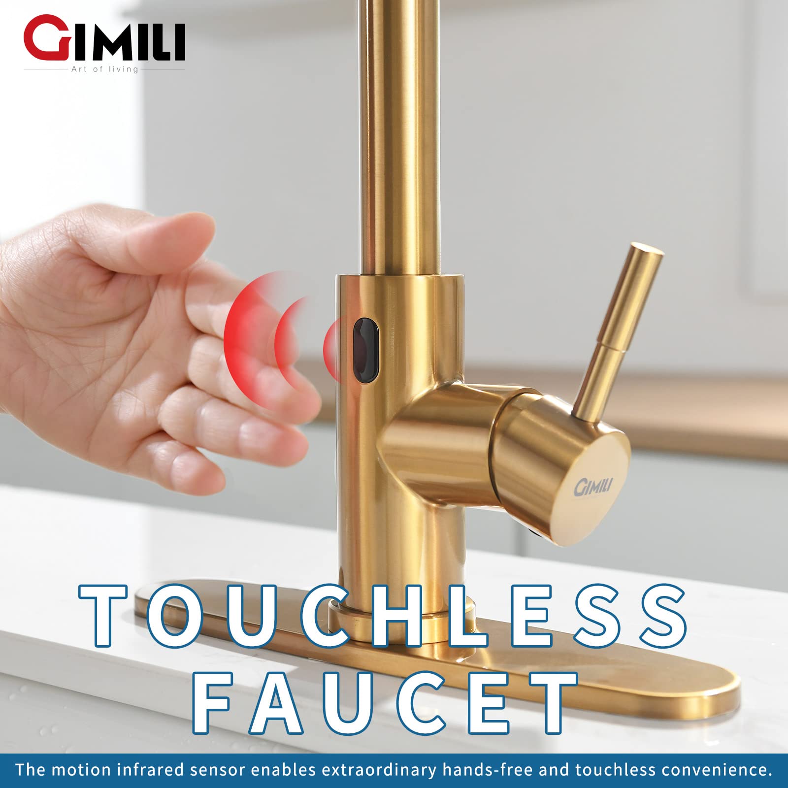 Gimili Gold Touchless Kitchen Faucet With Pull Down Sprayer Motion Sensor Smart Hands- Activated Single Hole Spring Faucet For Kitchen Sink