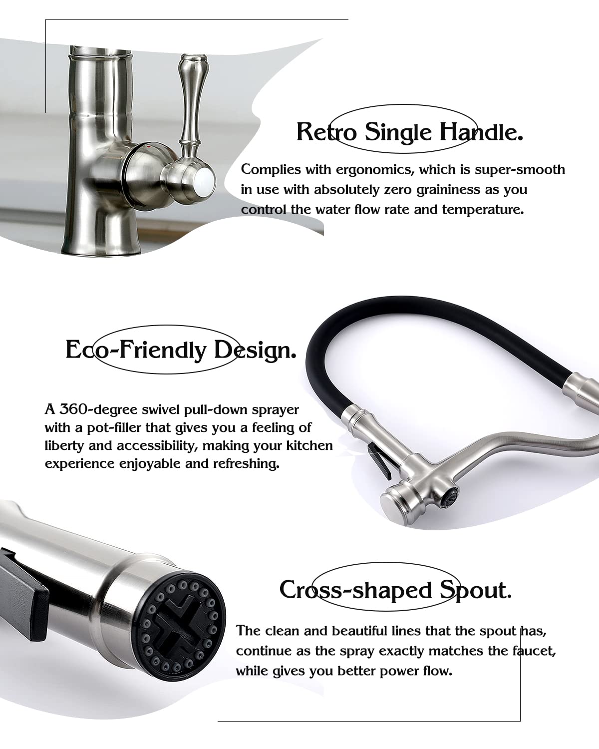 Hoanmpy Black Kitchen Faucet, Pull-Down Sprayer Kitchen Faucet And Pot Filler (Brushed Nickel)