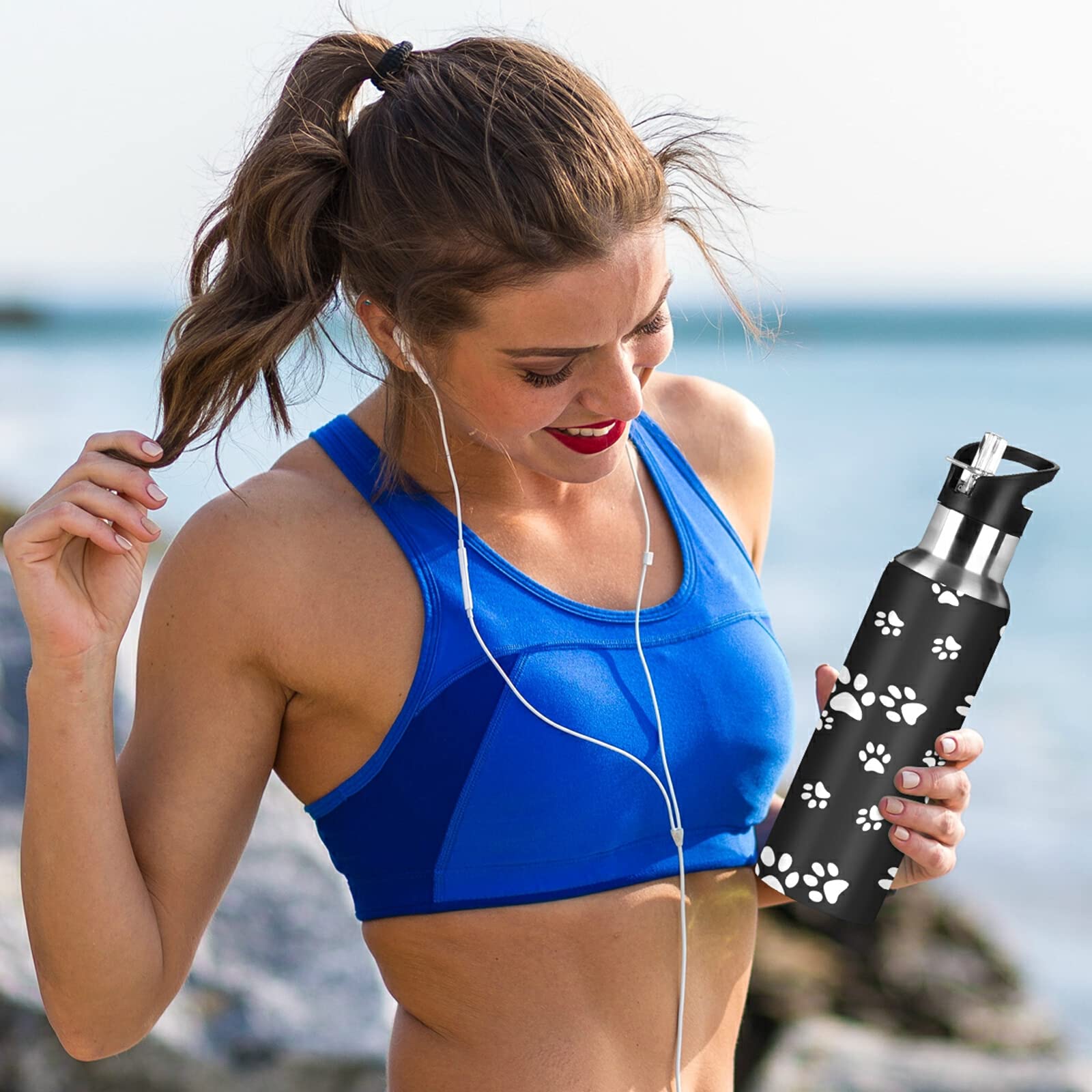 Auuxva Sports Water Bottles Dog Paw Print Black White Vacuum Insulated Stainless Steel Water Bottle