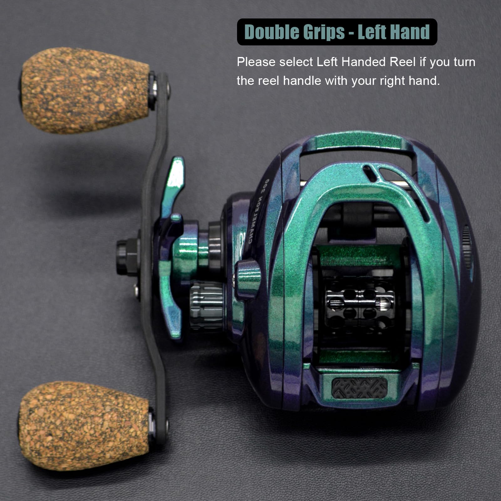 Camekoon Chameleon 200 Baitcasting Fishing Reel, Only 6.5 Ounces. Carbon Fiber Frame & Side Covers, 9+1 Stainless Steel Ball Bearings, Magnetic Brakes, Dual Cork Handles, Low Profile Baitcaster