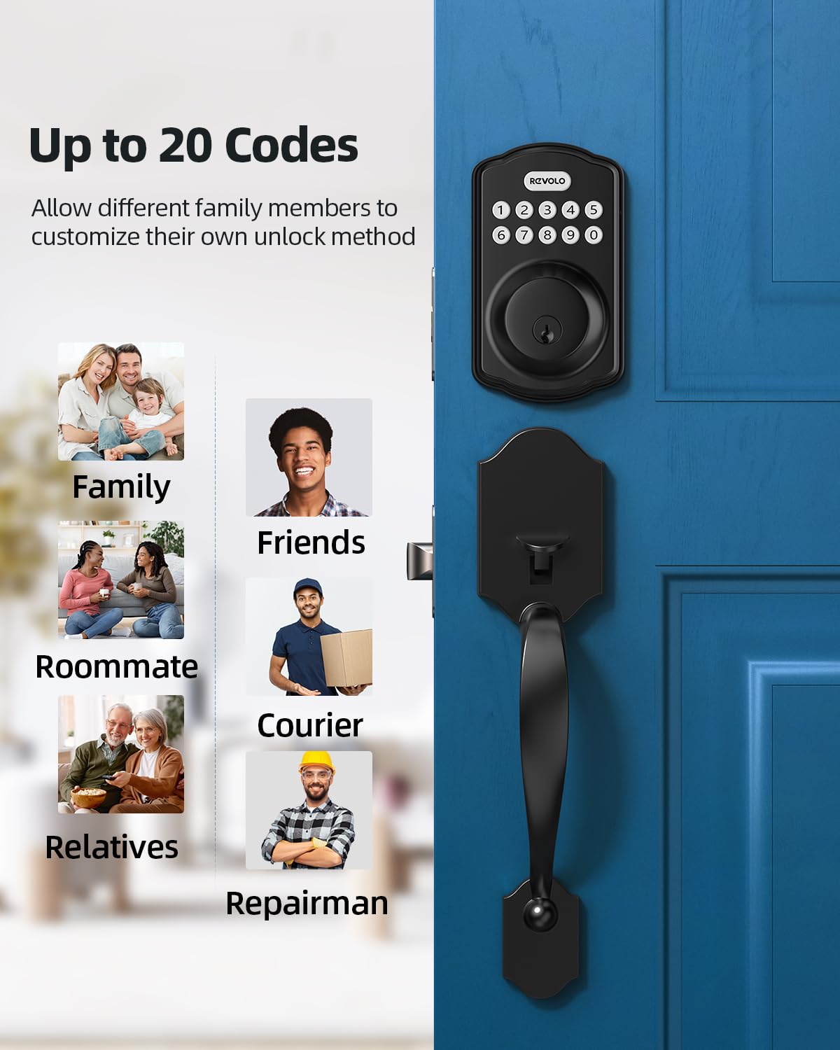 Revolo Re001 Electronic Keypad Deadbolt, Keyless Entry Door Lock, Keyed Entry, Auto Lock, Smart Lock With Handle, Front Door Handle Sets, Anti-Peeking Password, Sandblasted Black