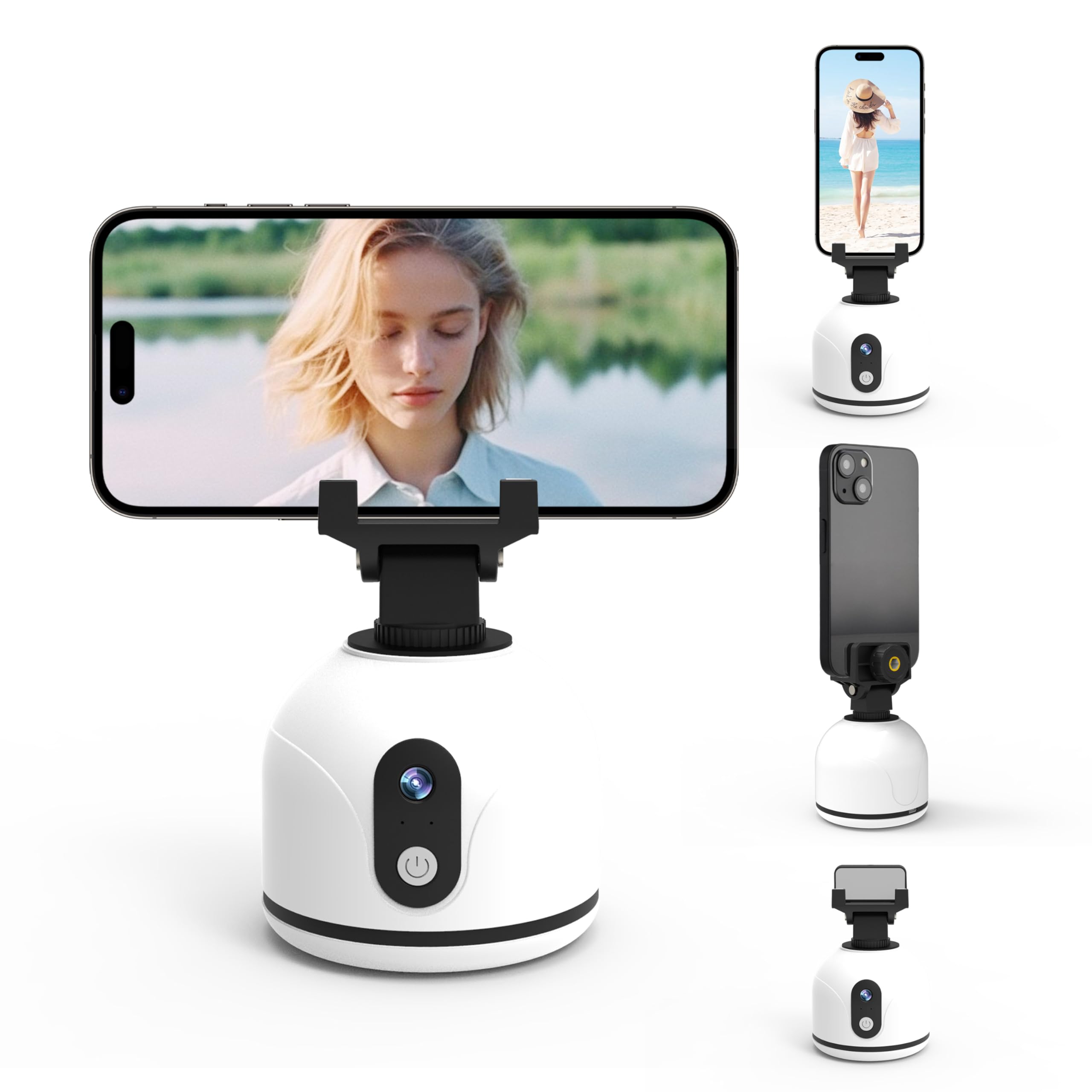 Urnicehome 360° Rotating Auto Face Tracking Phone Holder,No App,Smart Body Tracking Gimbal Stand Selfie Phone Camera Mount Cell Phone Tripod For Tiktok, Vlog, Live Streaming, Video Recording-White