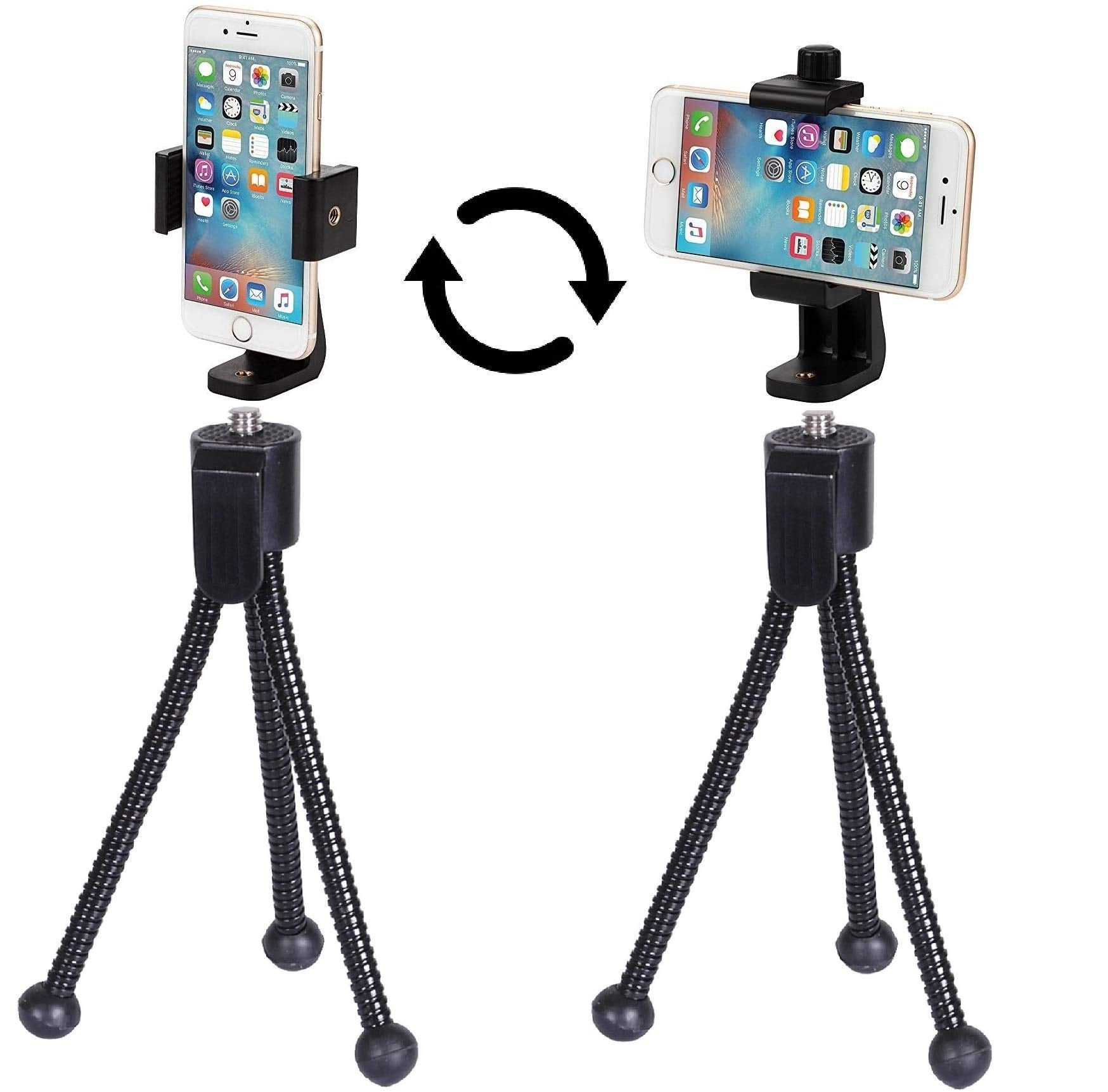 Alphx Innovations Alphx Universal Smartphone Tripod Cell Phone Holder Mount Adapter Set, Fits Iphone, Samsung, And All Phones, Rotates Vertical And Horizontal With Adjustable Clamp, Includes Mini Tripod