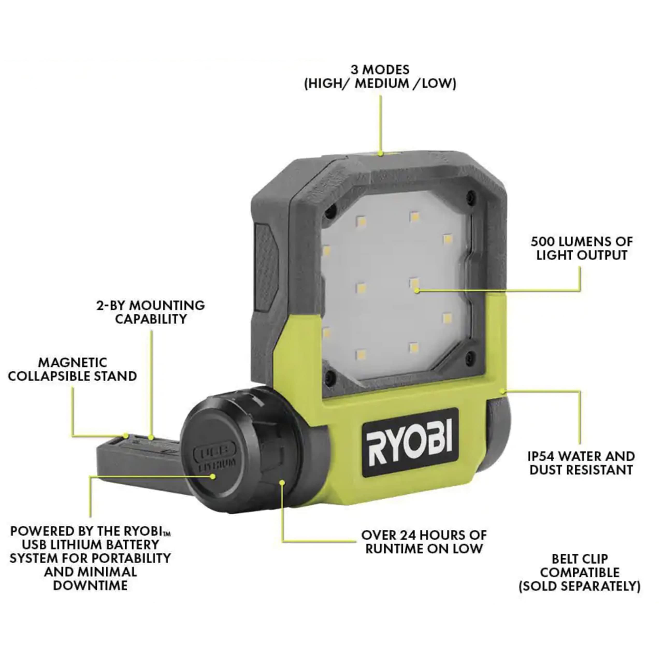 Buho Usb Flashlight Accessory Bundle – Includes Compact Cordless Flashlight, Small And Pivoting Flip Light, 2 Compatible Ryobi Lithium 2.0Ah 4V Batteries And Charging Cable (6 Items)