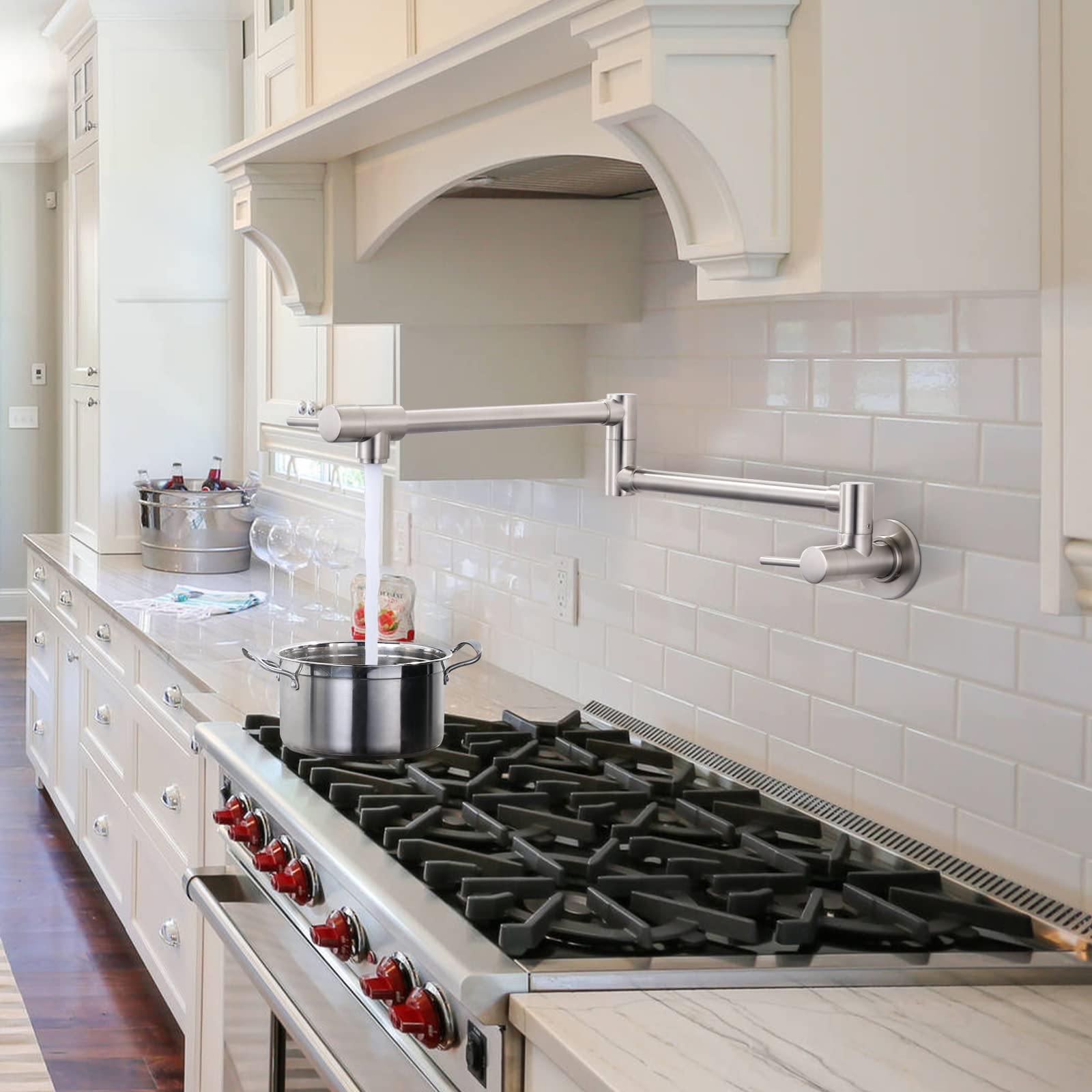 Aleasha Brass Made Pot Filler Faucets, Brushed Nickel Kitchen Sink Pot Filler, Wall Mount Folding Kitchen Pot Filler Faucet, Retractable Single Hole Pot Filler With Two Handles For Sink Stove