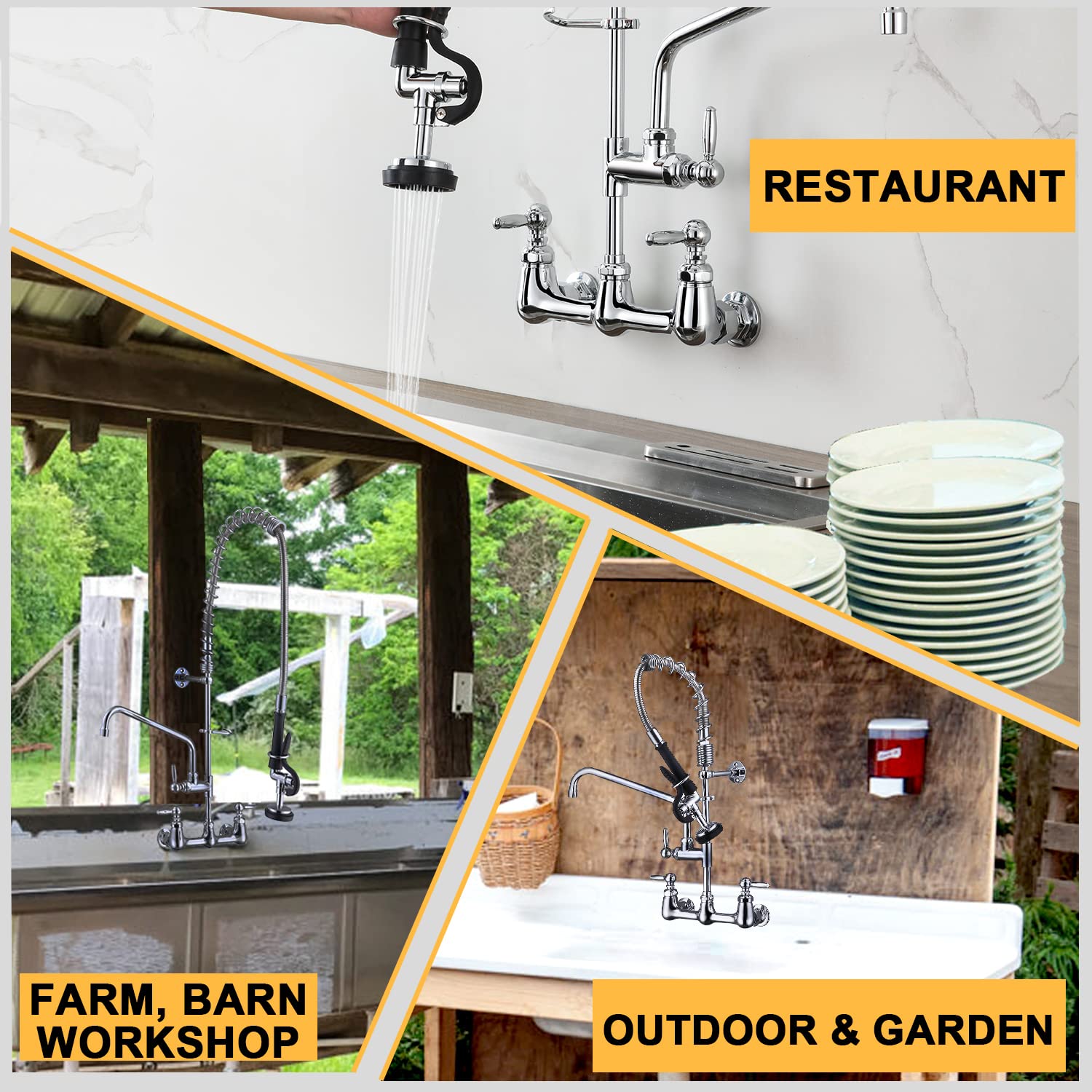 Palukia Commercial Sink Faucet With Sprayer - Wall Mount, Pre-Rinse Sprayer, 21" Height Commercial Kitchen Faucet, 8 Inch Center, 9" Spout, 20" Hose Pull Down Spray For Restaurant, Industrial