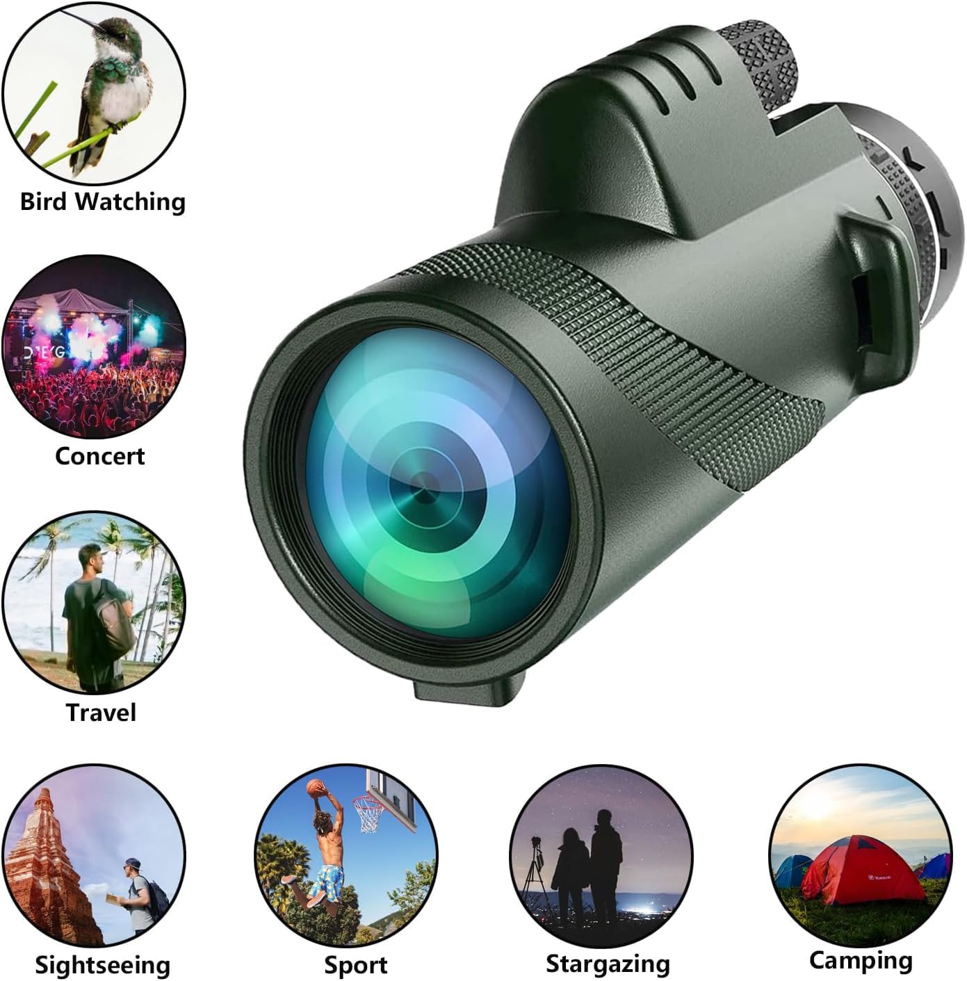 Asxmhgo Monocular-Telescope 80X100 High Powered For Adults Monocular For Smartphone Adapter Telescope Hunting Wildlife Bird Watching Travel Camping Hiking-Green