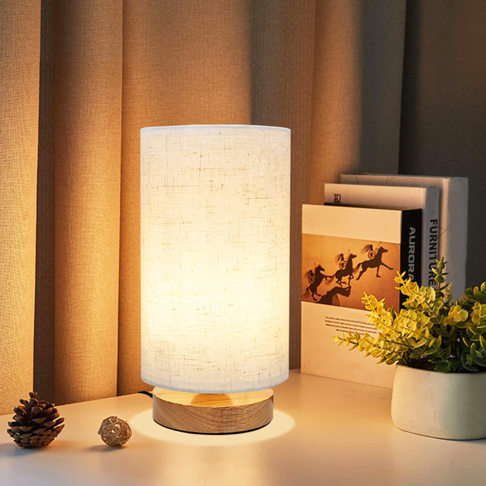 Uchenton Small Bedside Table Lamp For Bedroom, Minimalist Wood Base & Round Fabric Shade, Mini Cute Cozy Warm White Nightstand Boho Lamp, Study Desk Night Stand Light For Room, Dorm, Nursery, Living Room