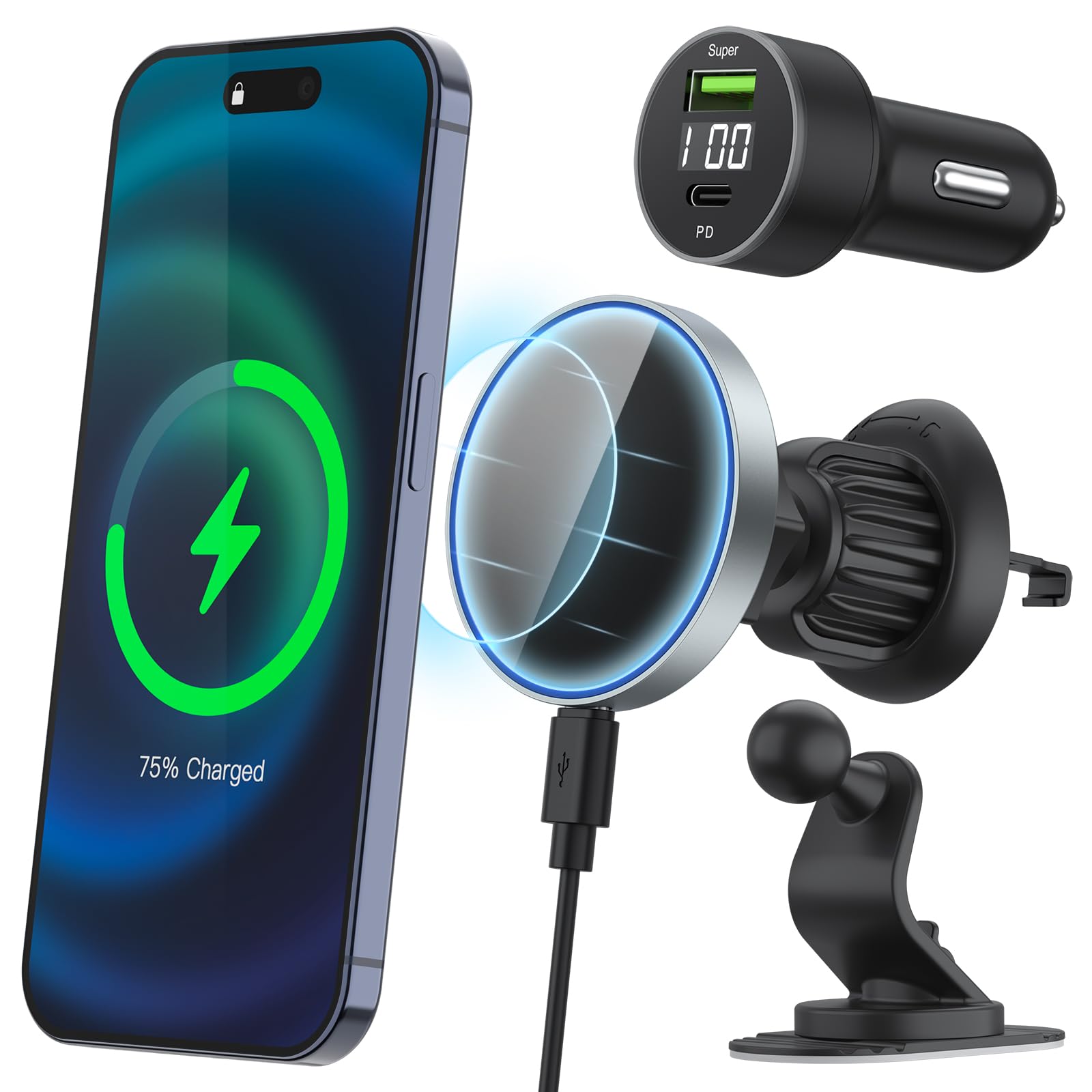 Vancle For Magsafe Car Mount Charger, 15W Fast Charging Magnetic Wireless Car Charger, Air Vent/Dashboard Phone Holder Mount For Iphone 15/14/13/12