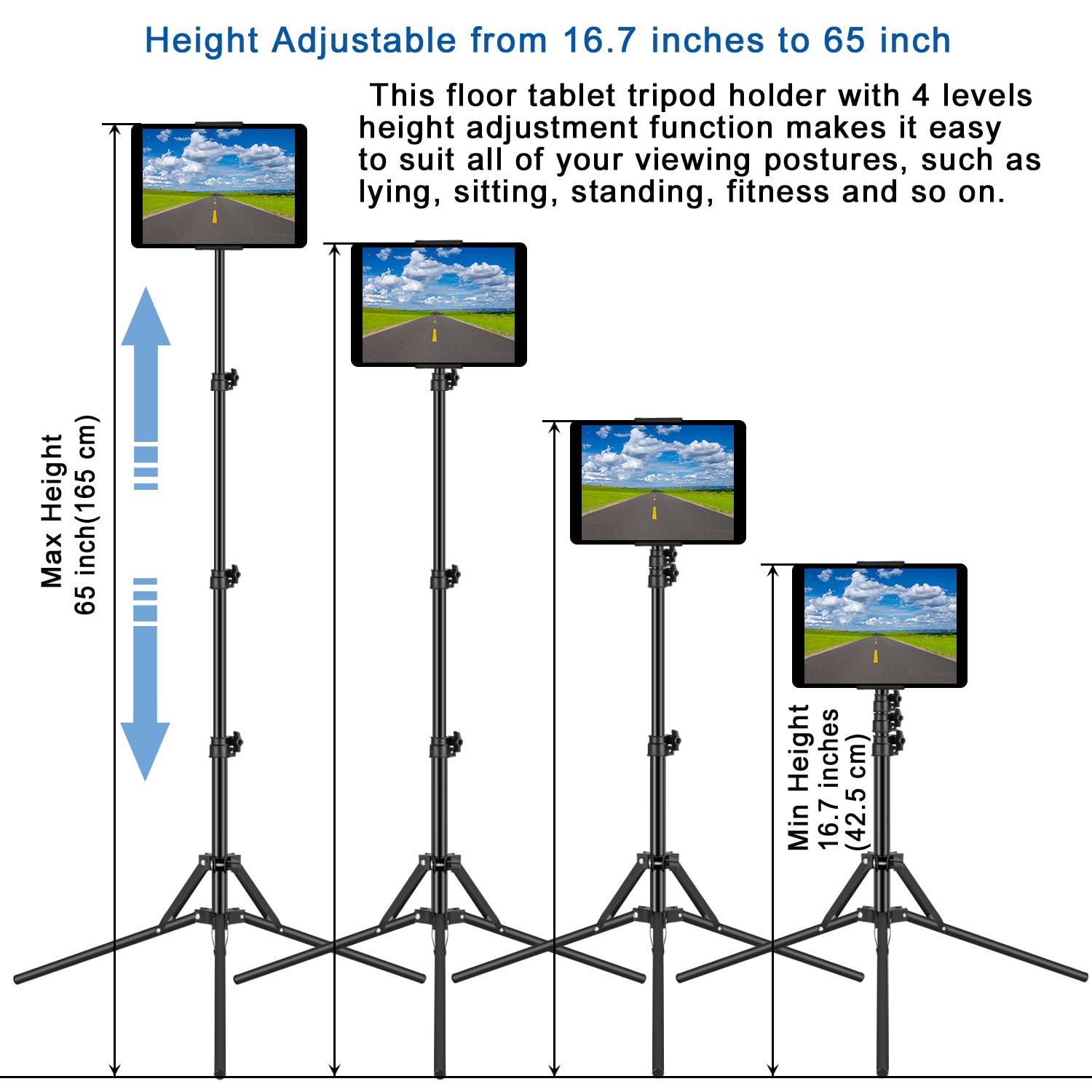 Samhousing Ipad Tripod Stand, With 65 Inch Height Adjustable Ipad Stand Holder & Ipad Floor Stand With 360° Rotating Ipad Tripod Mount For Ipad Pro, Iphone, Kindle, And All 4.5-12.9 Inch Tablets