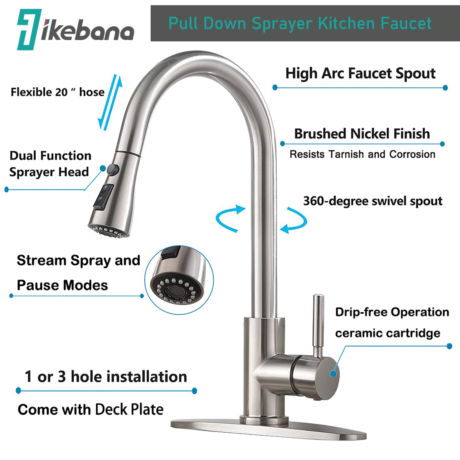 Ikebana Kitchen Faucet With Sprayer, Brushed Nickel Kitchen Faucet, High Arc Single Handle Single Hole Stainless Steel Pull Out Kitchen Sink Faucet With Deck Plate Faucet For Kitchen Sink