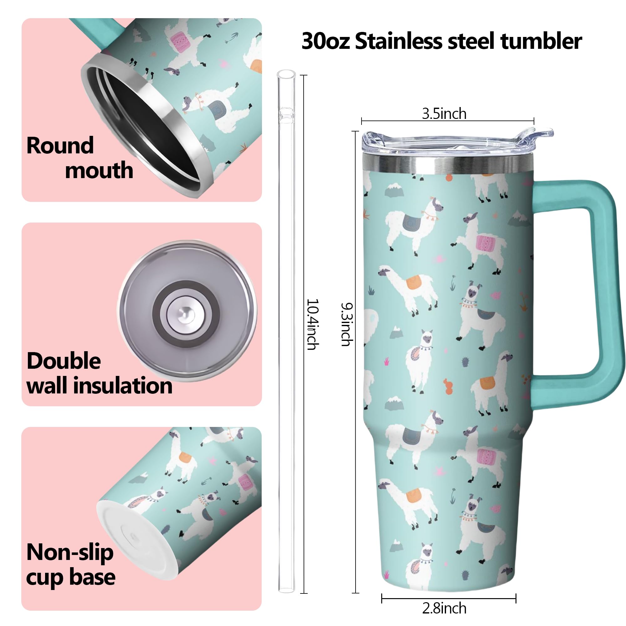 30 Oz Llama Tumbler With Handle And Straw, Alpaca Insulated Stainless Steel Cup With Lid, Travel