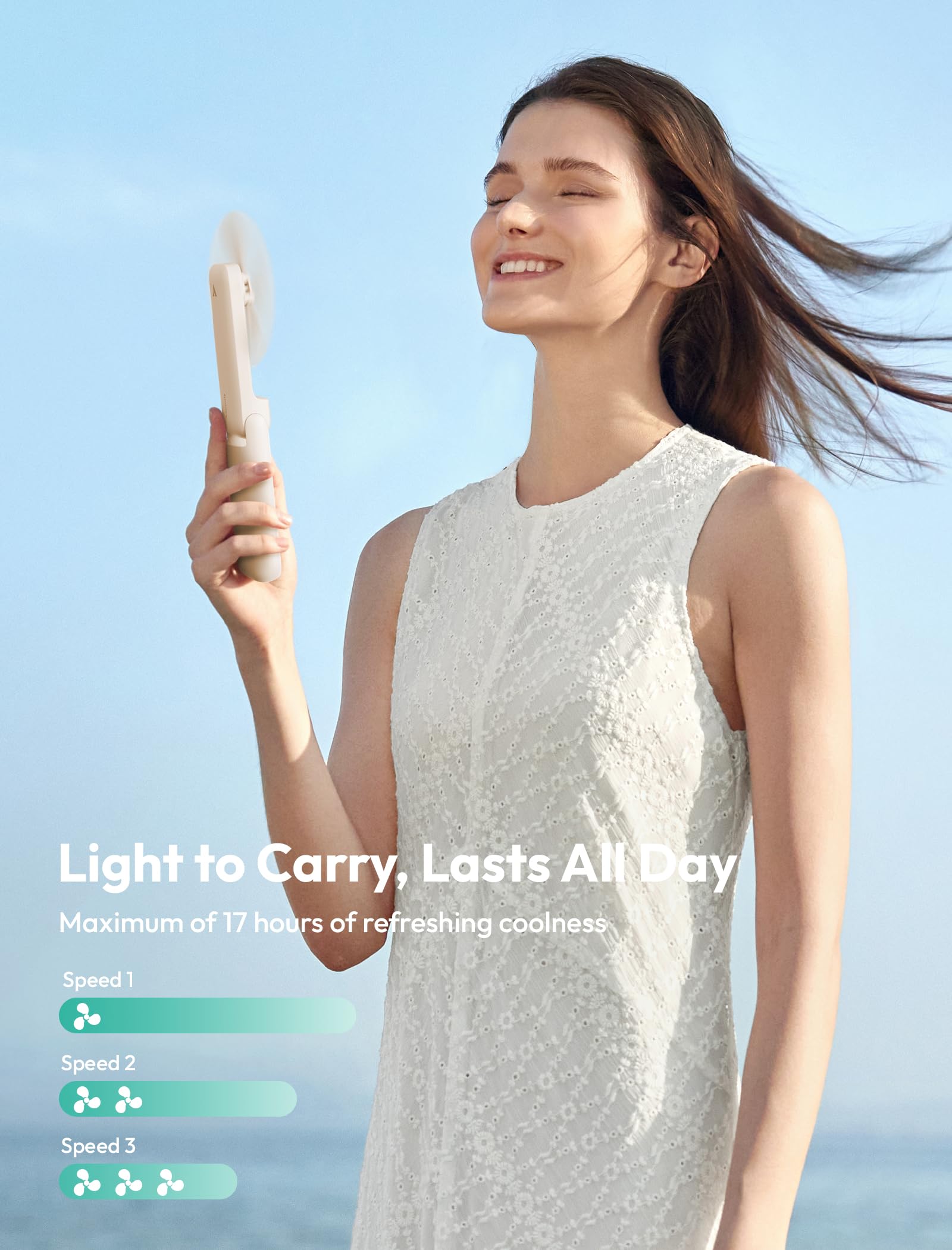 USB rechargeable Aecooly handheld fan with slim design and 17 hours of maximum cooling power