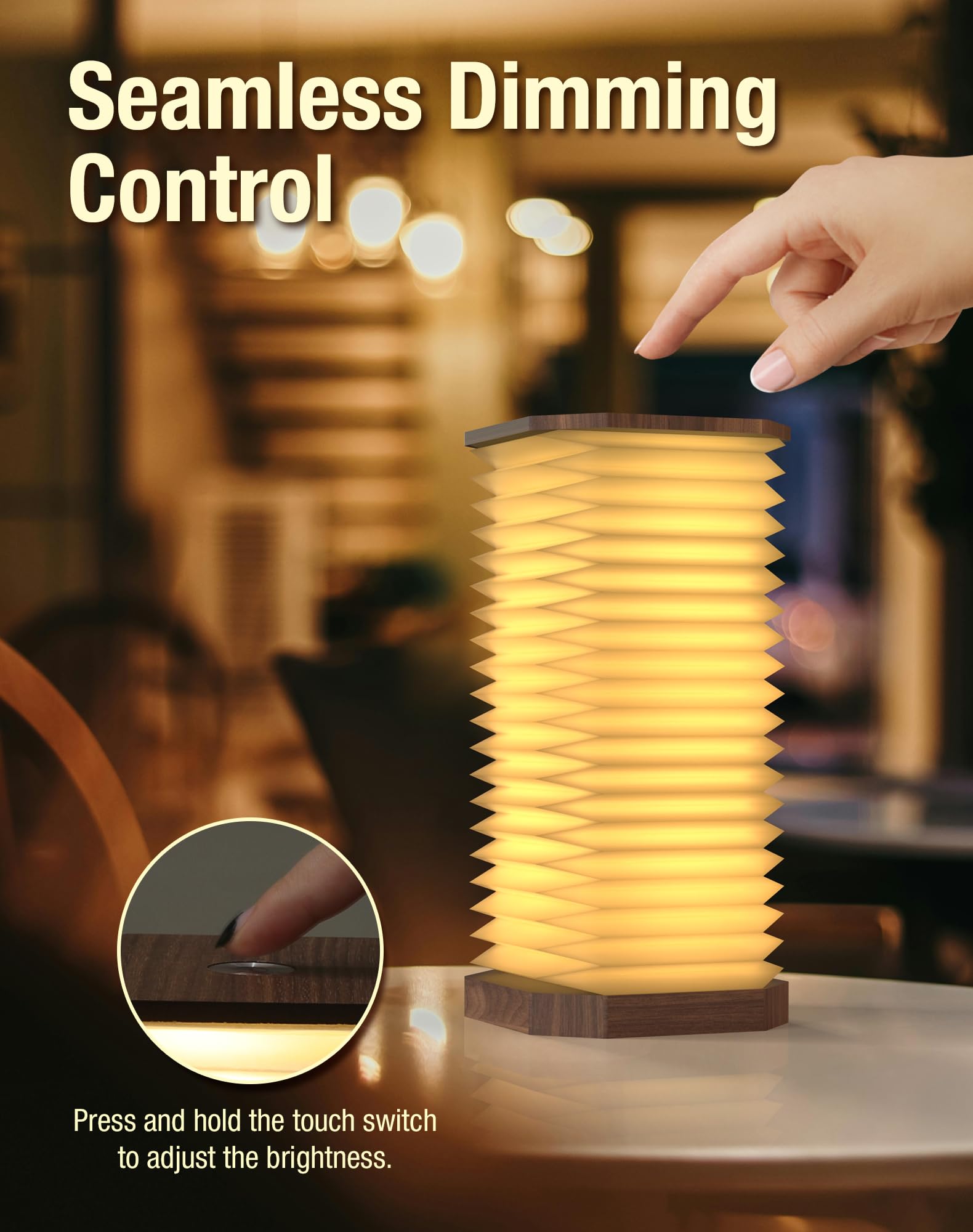 Zbole Vertical Accordion Lamp, Warm Light, Adjustable Height & Brightness, Usb Charging, Ideal For Home Decor & (Walnut)
