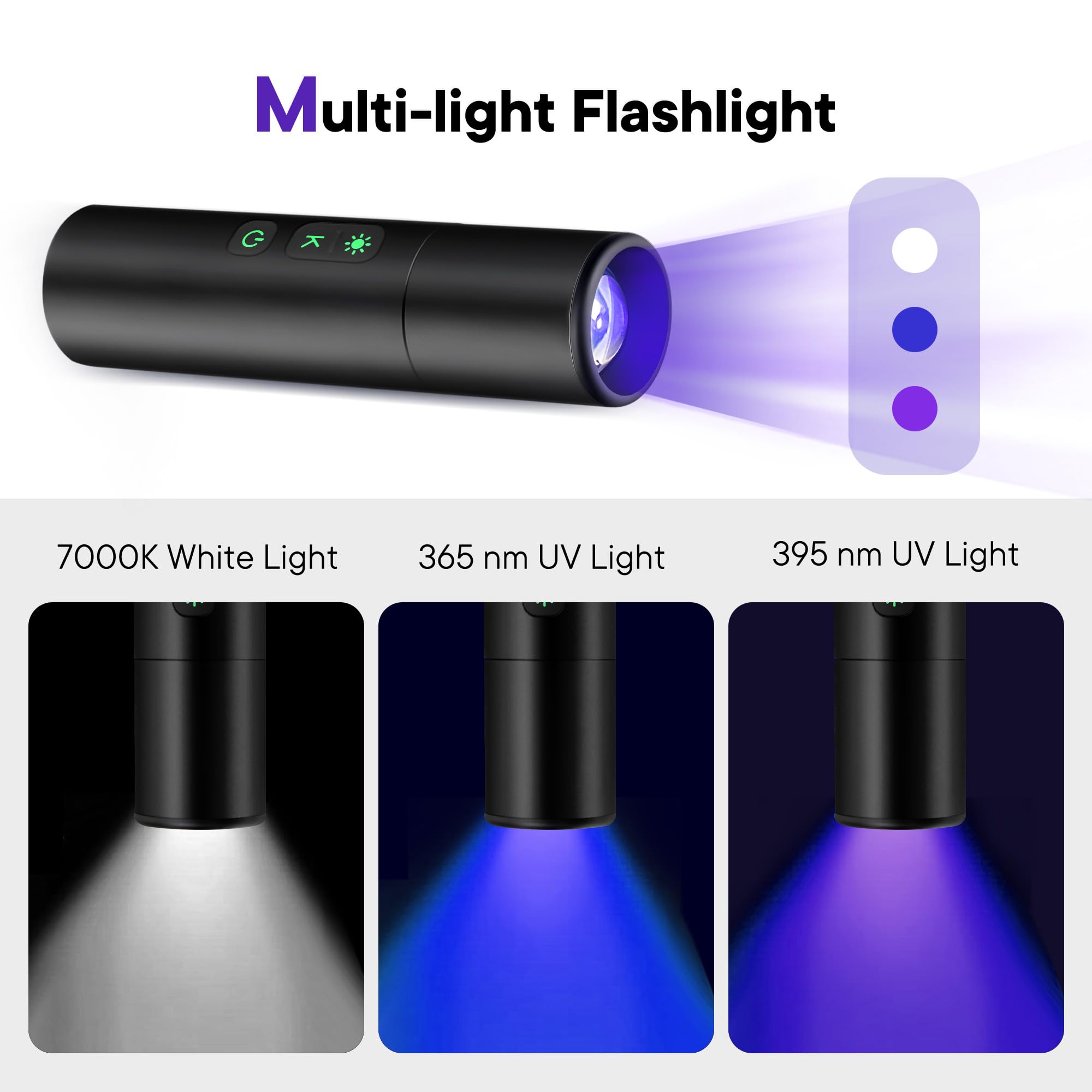 Aiffoto Uv Flashlight, Portable Black Light 2000Mah Rechargeable Flashlight, 365Nm, 395Nm, 7000K 3-In-1 Led Light Zoomable, For Uv Resin Curing, Pet Urine Detector, Fluorescent Detection, Outdoor