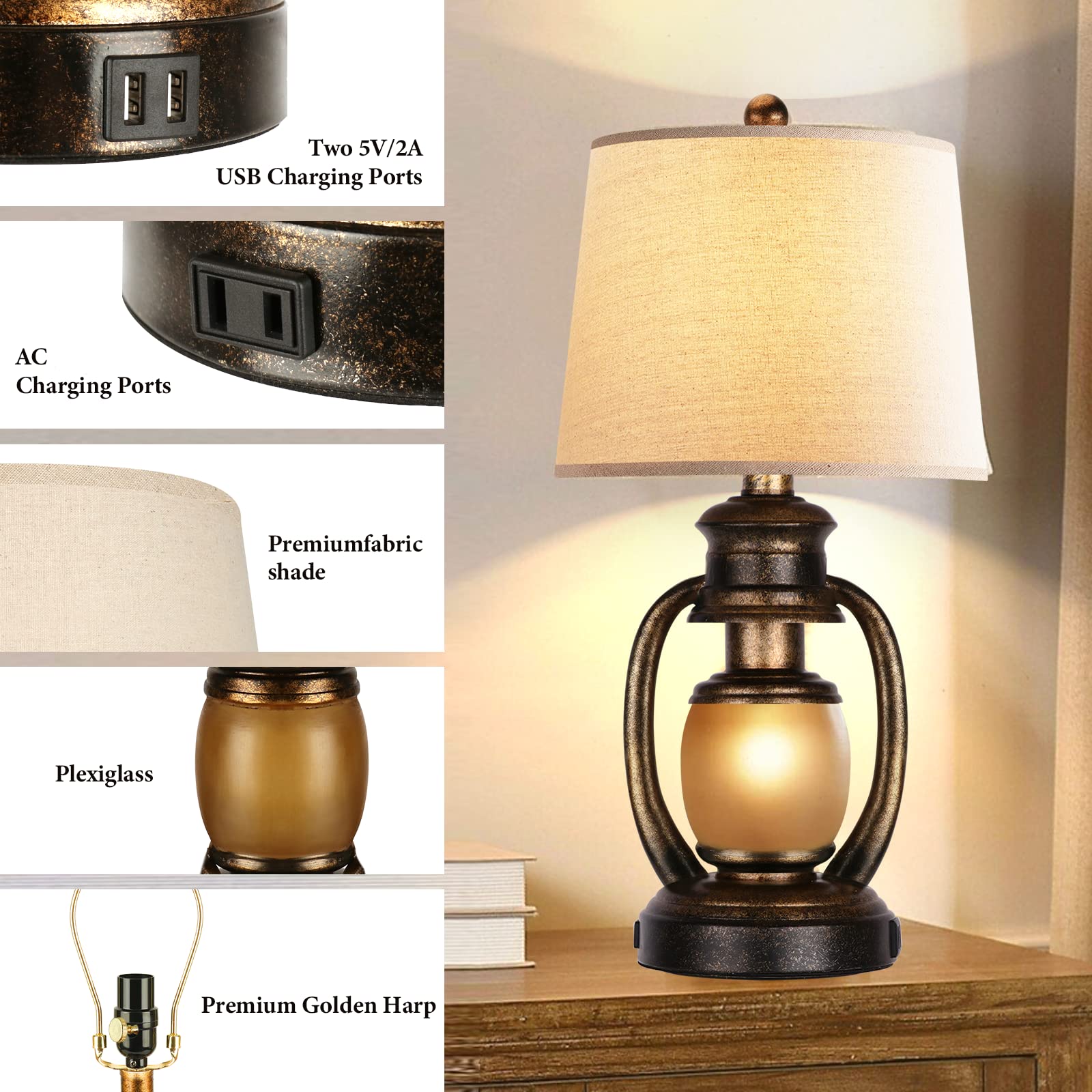 Hamucd Rustic Table Lamps For Living Room Single Lantern Bedside Lamps With Oatmeal Tapered Drum Shades For End Table Bedroom Nightstand Hotel With 2 Usb Ports And One Ac Outlet