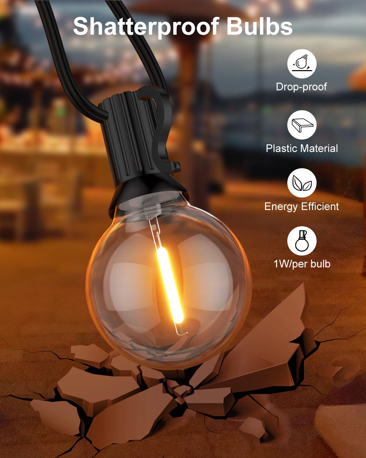 Gluroo 200Ft(100Ft2Pc) Outdoor String Lights, G40 Led Patio Lights With 100+4 Bulbs, Waterproof Shatterproof Dimmable Globe Hanging Outdoor Patio Lights Cafe, Bistro Outside Lights For Patio