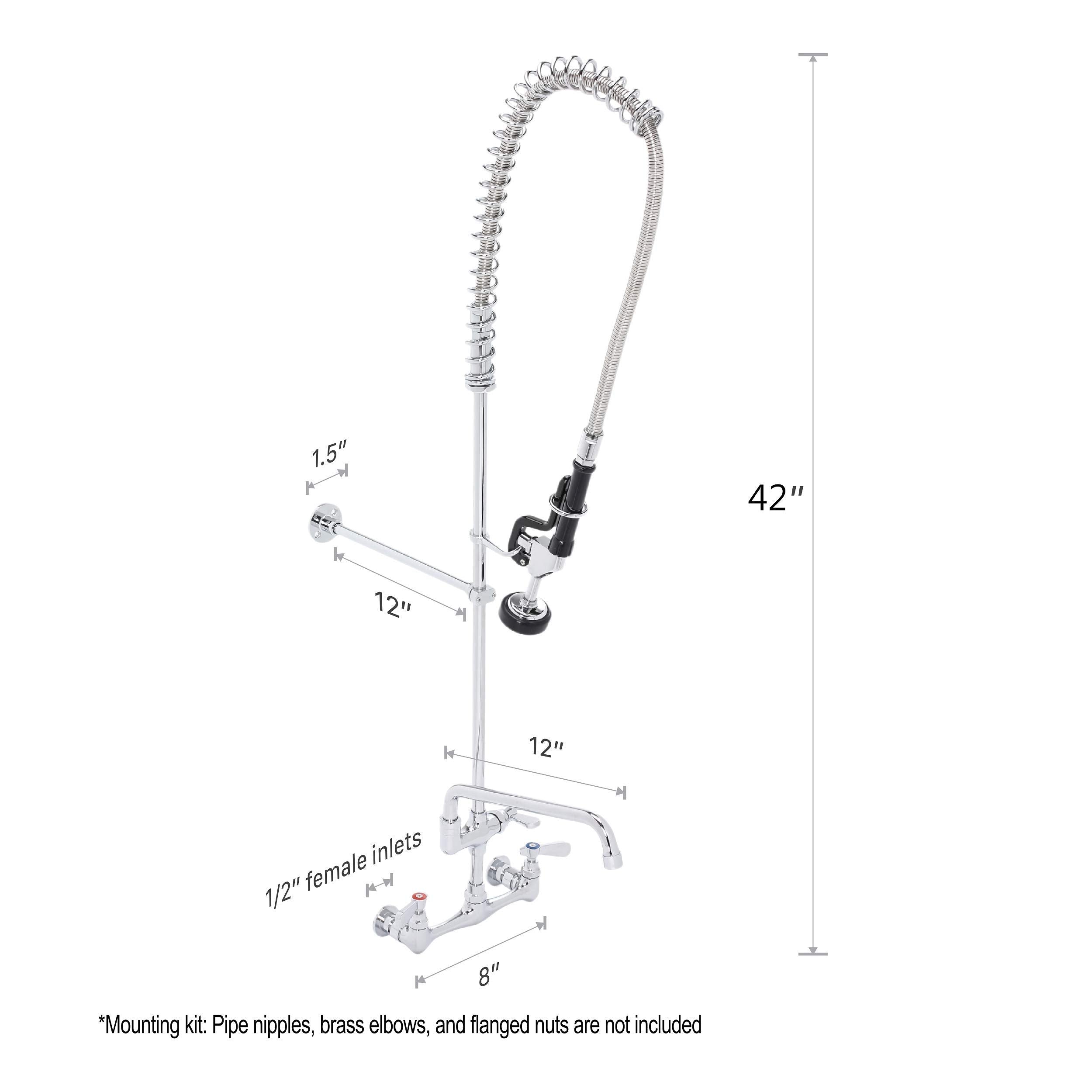 Durasteel Commercial Kitchen Wall Mount Pre-Rinse Faucet, 42" Height 8" Center With Coiled Spring Pull Down Sprayer And 12" Add-On Faucet, Brass Constructed Polished Chrome Body, 1 Set
